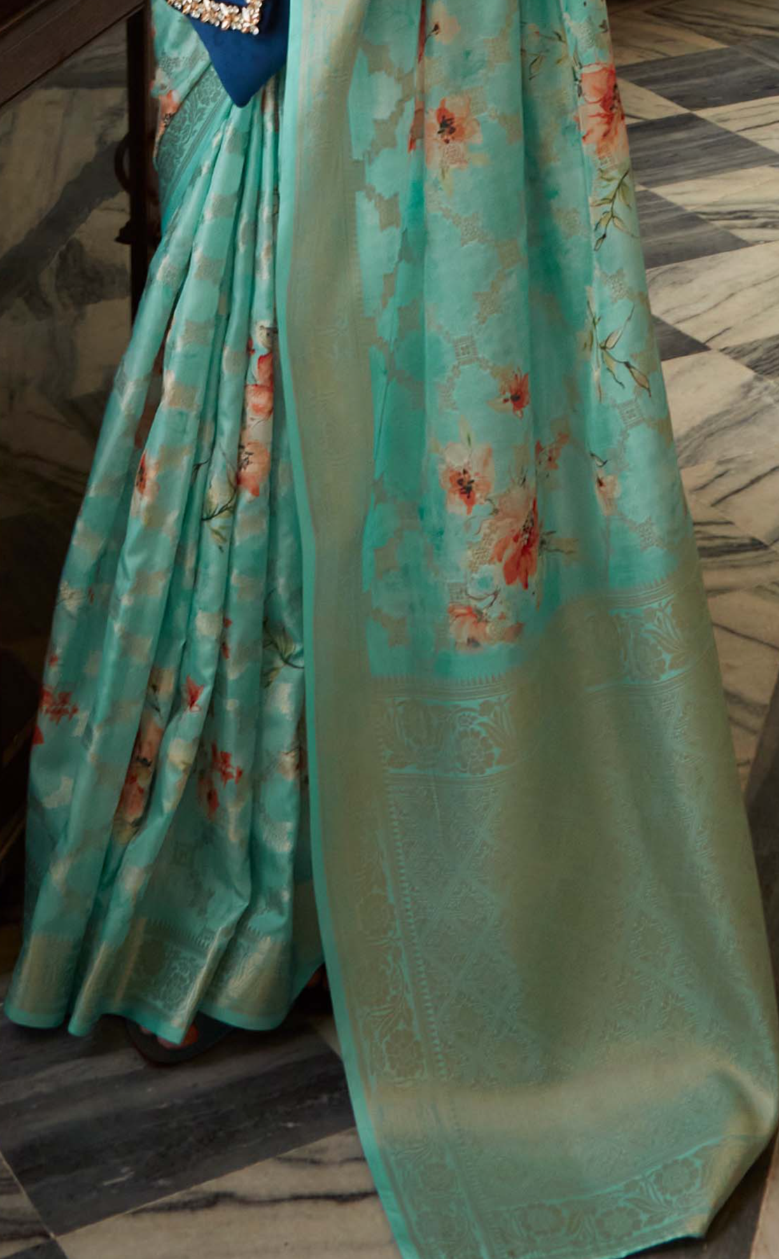 Turquoise Green Banarasi Floral Silk Saree