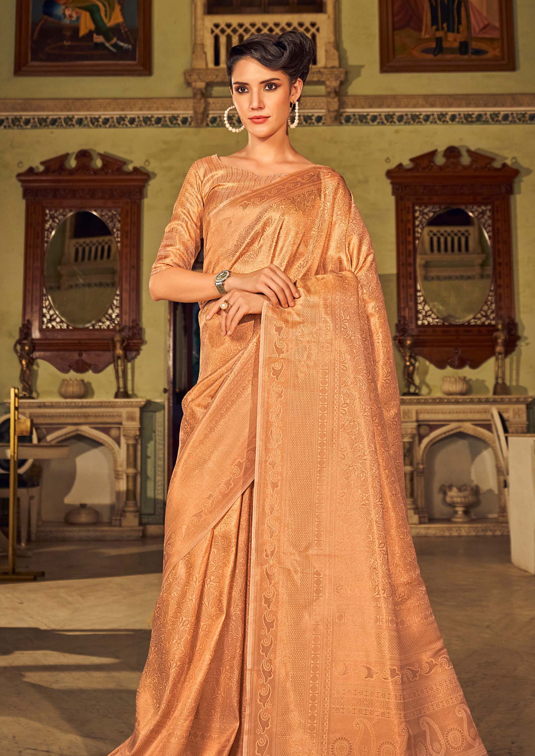 Peach Orange Dual Tone Kanjivaram Silk Saree