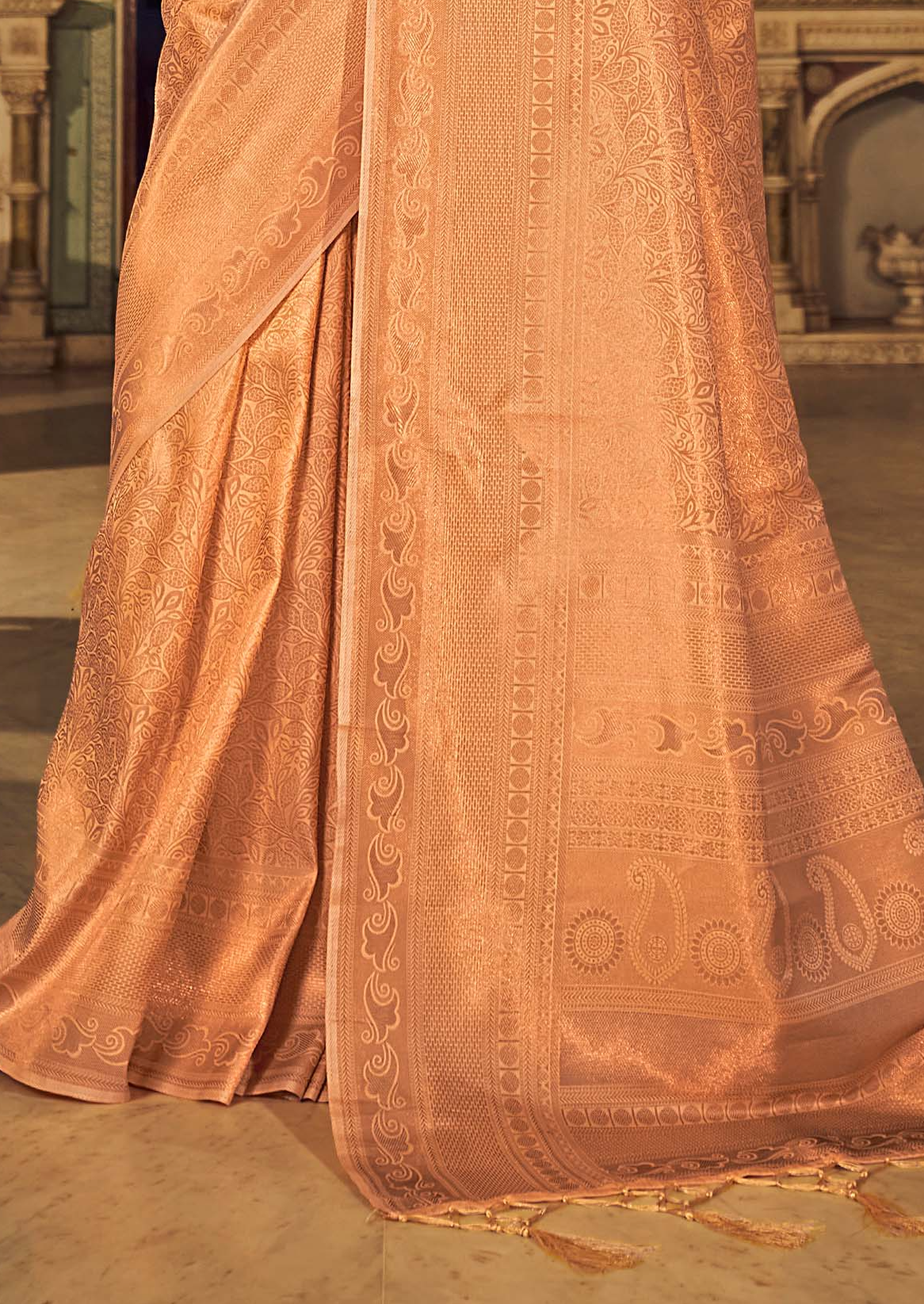 Peach Orange Dual Tone Kanjivaram Silk Saree