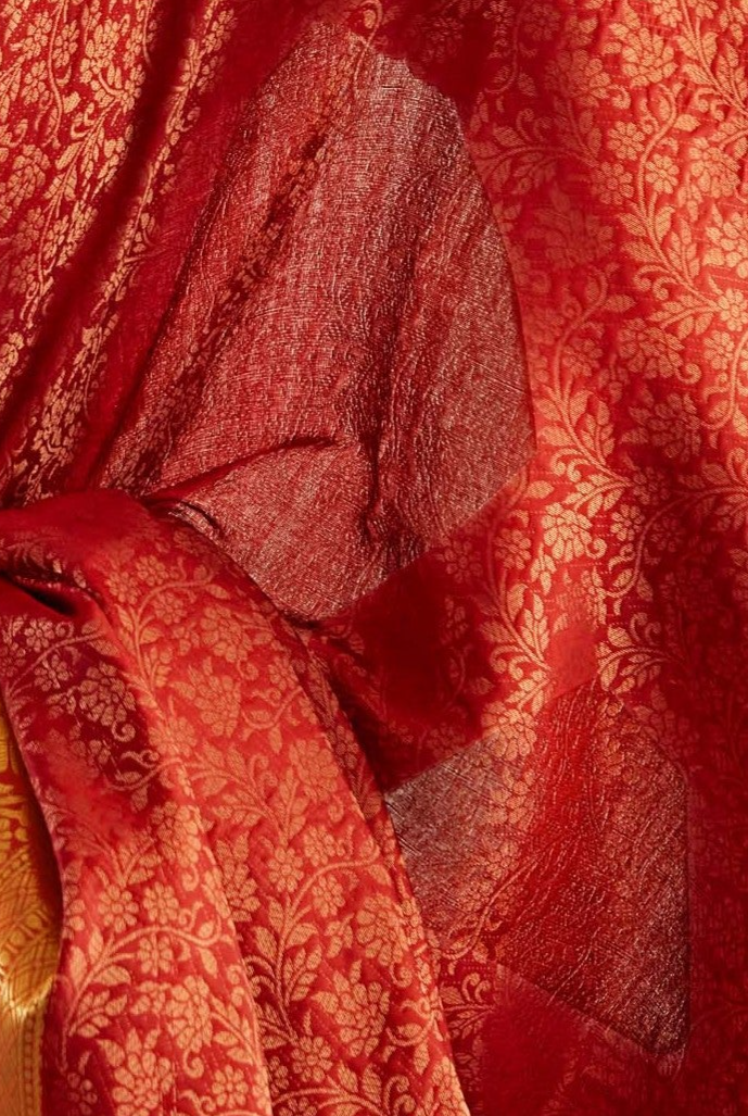 Paprika Golden Red Zari Woven Banarasi Silk Saree