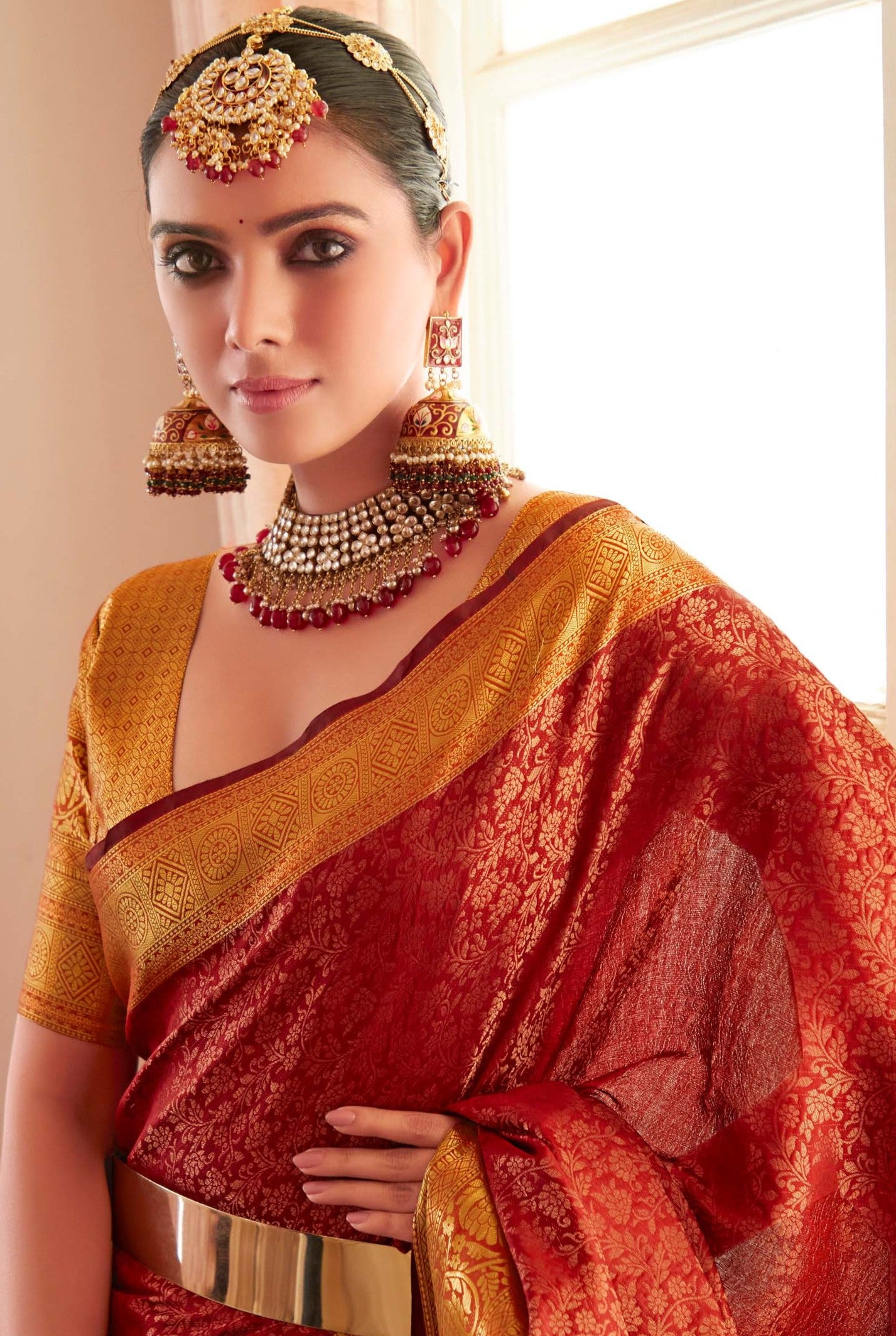 Paprika Golden Red Zari Woven Banarasi Silk Saree