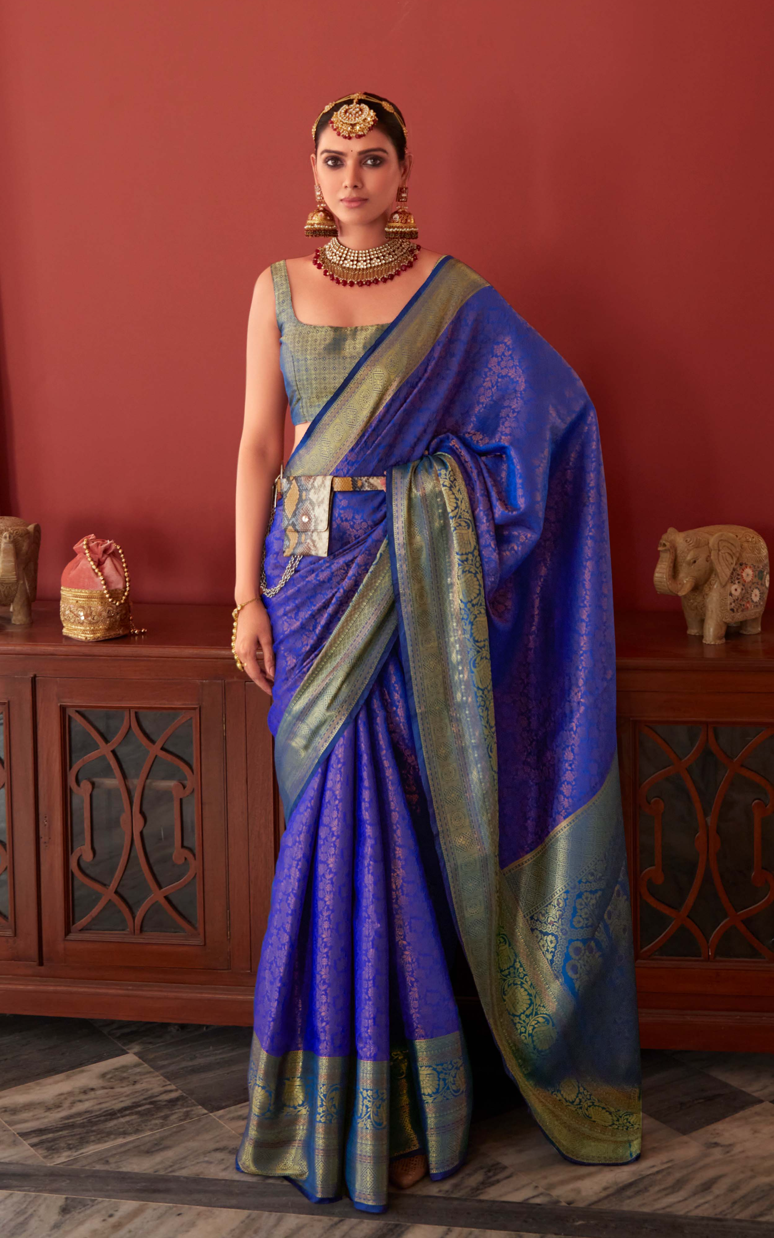 Regal Peacock Blue Banarasi Silk Saree