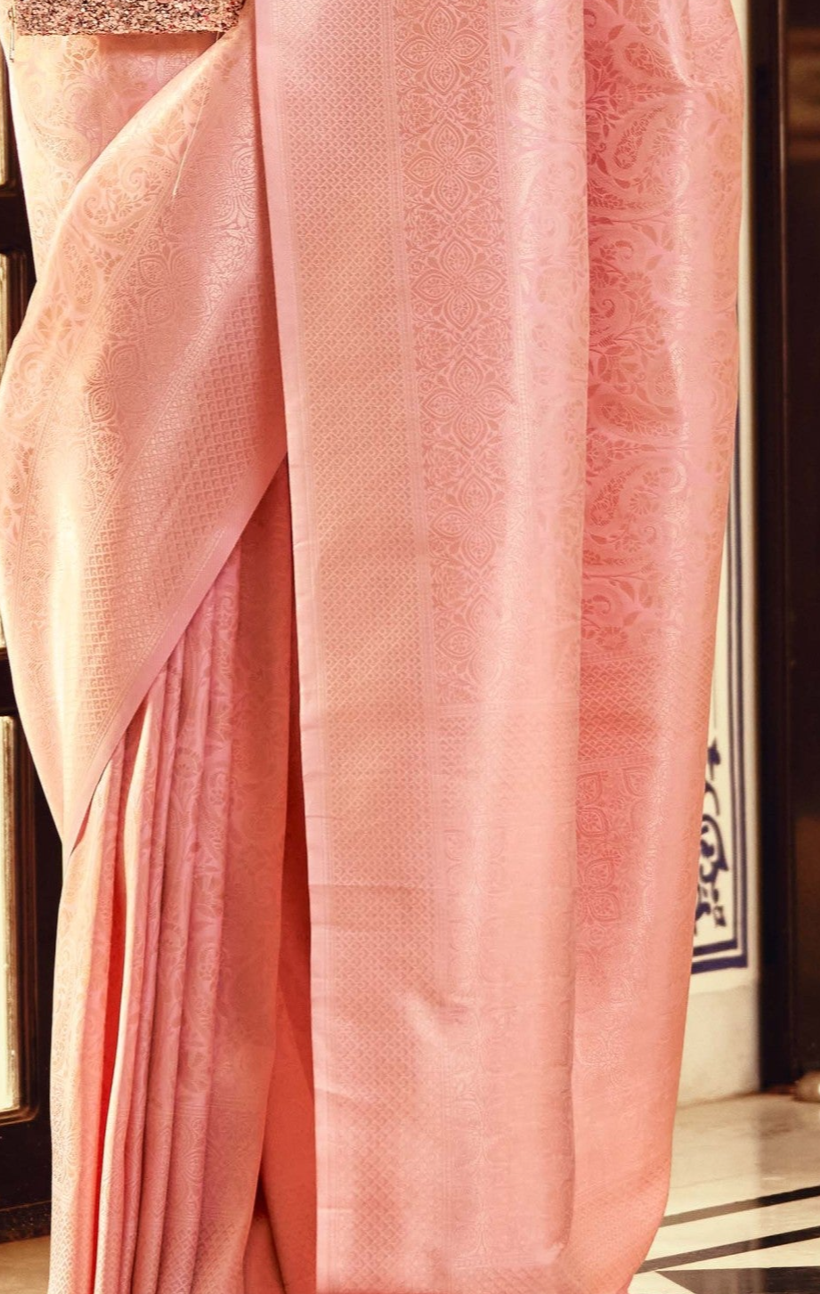 Rosy Dawn Light Pink Woven Kanjivaram Silk Saree