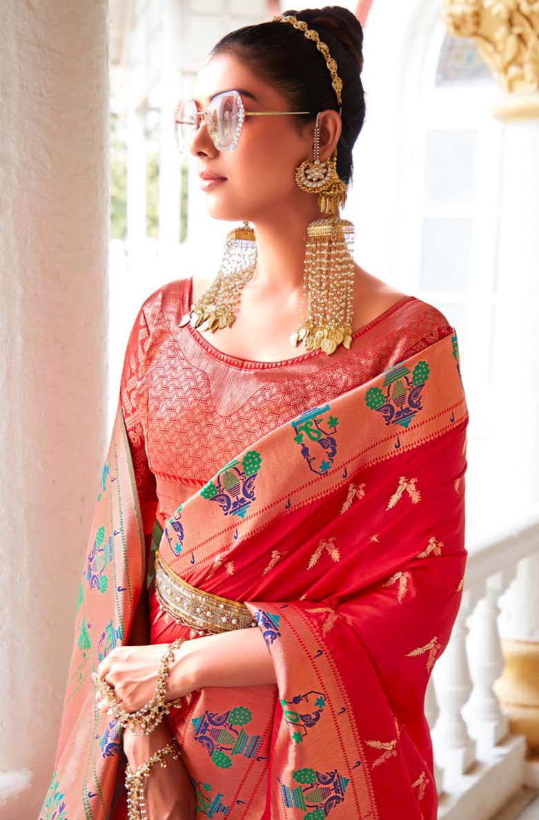 Radiant Flamingo Red Paithani Silk Saree