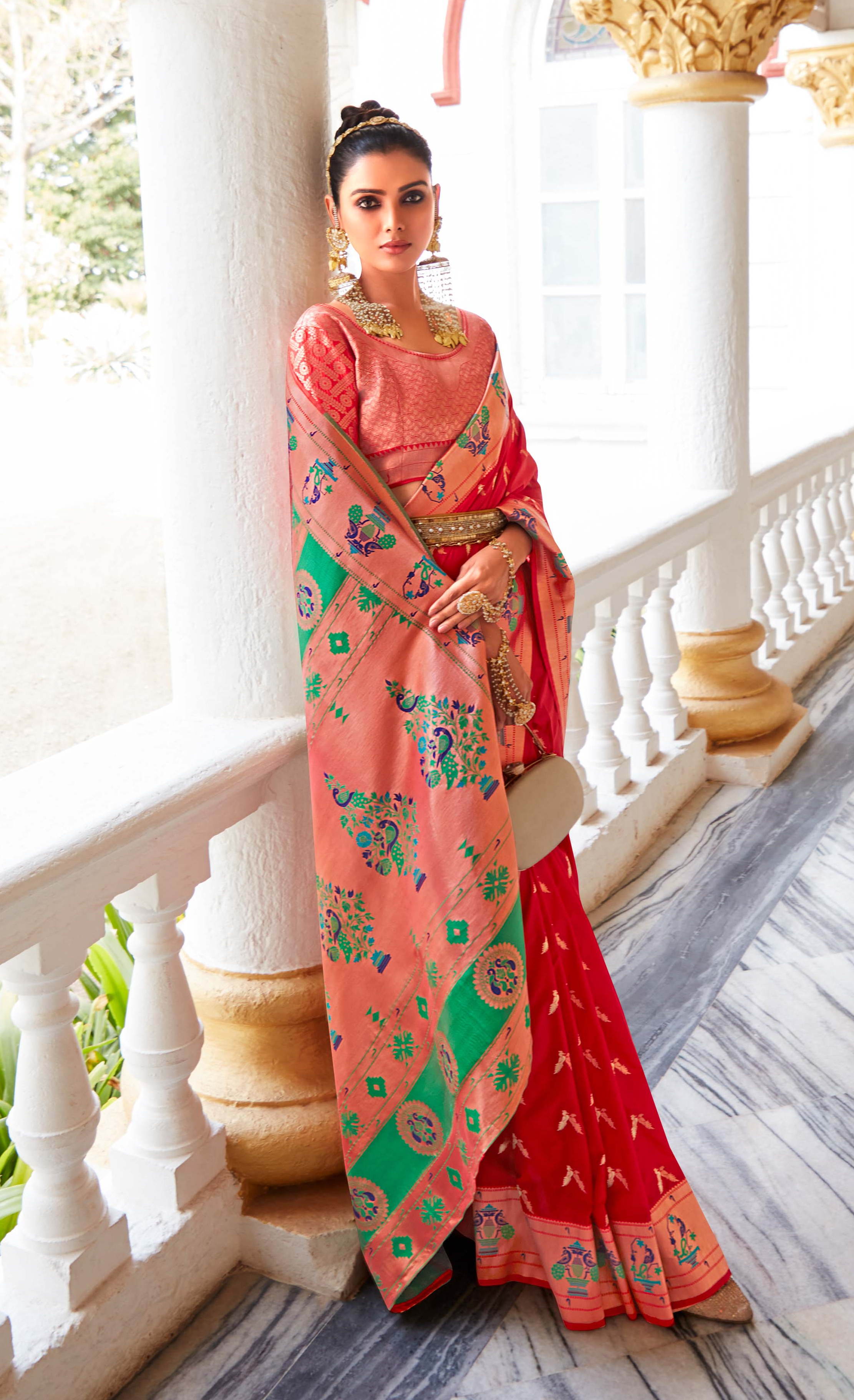 Radiant Flamingo Red Paithani Silk Saree