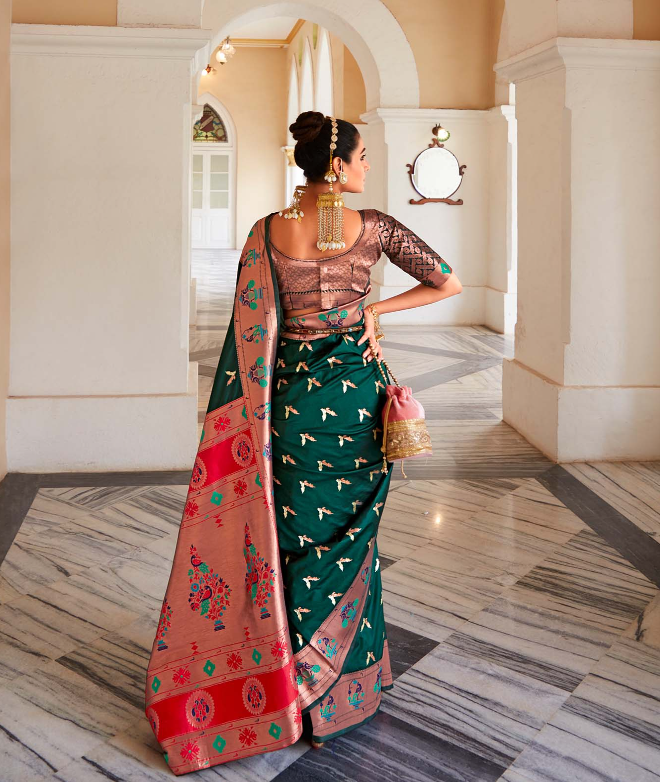 Forest Green and Pink Zari Woven Paithani Silk Saree