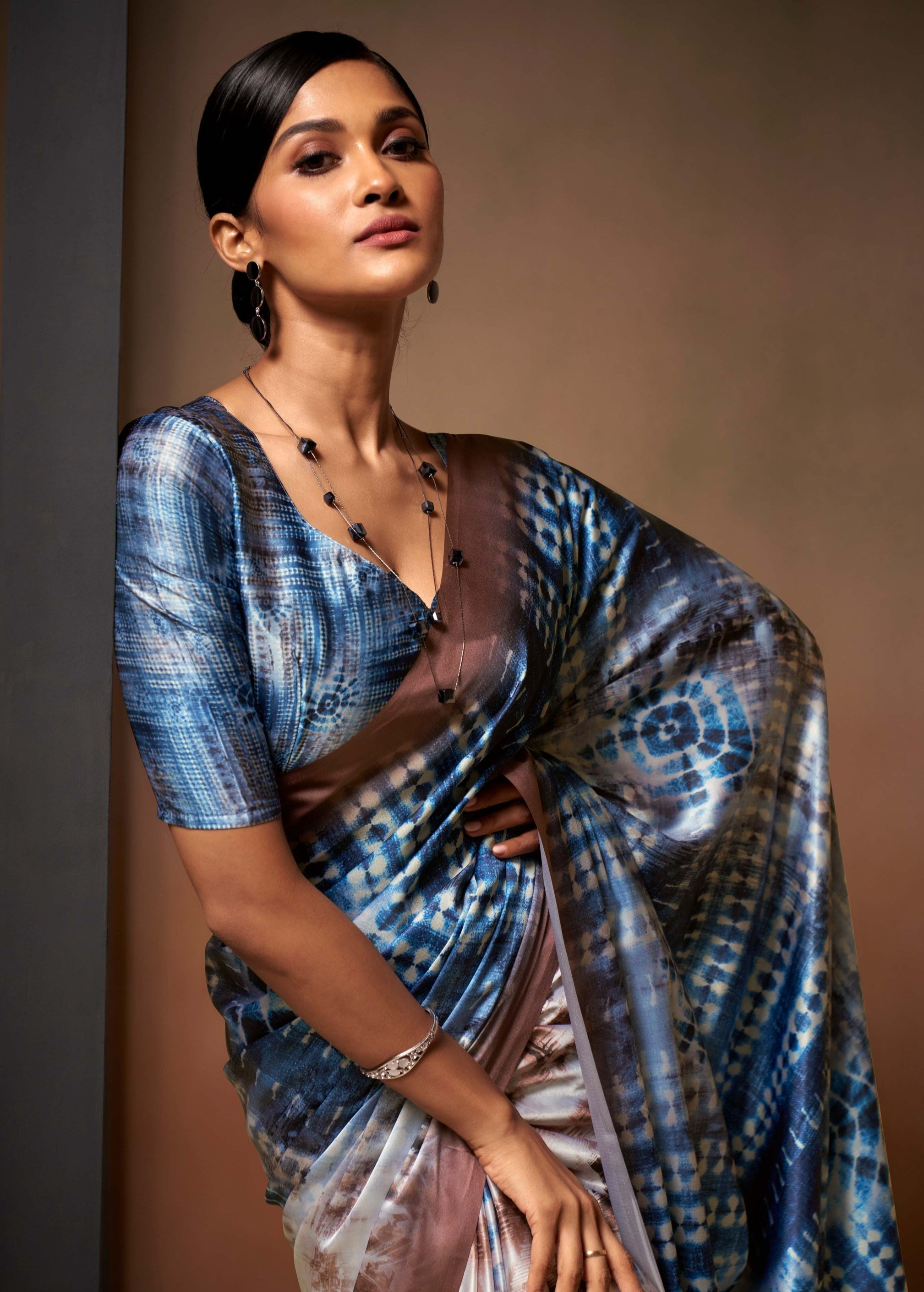 Azure Blossom Cyan Blue Printed Satin Silk Saree