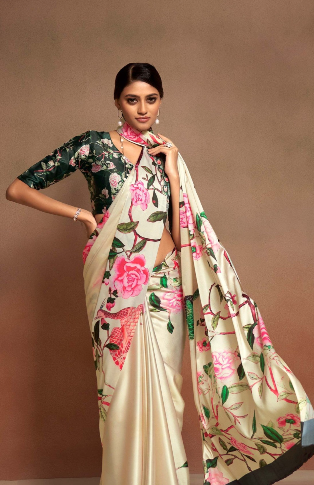 Ivory Pink Printed Satin Silk Saree