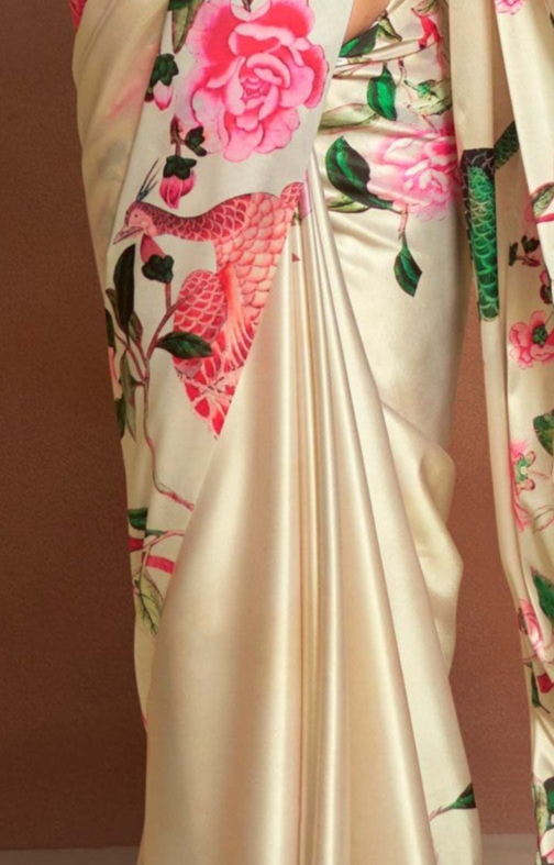 Ivory Pink Printed Satin Silk Saree