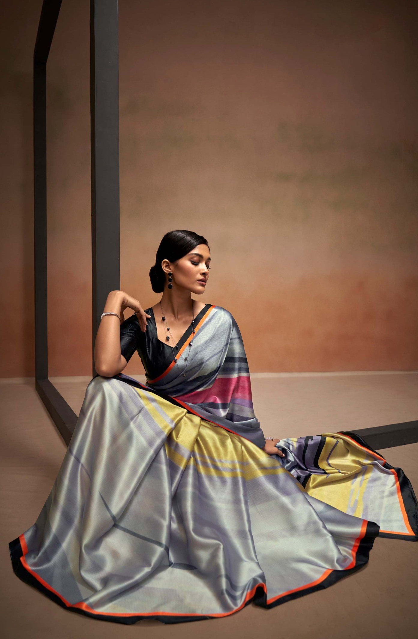 Stormy Grey Printed Satin Silk Saree