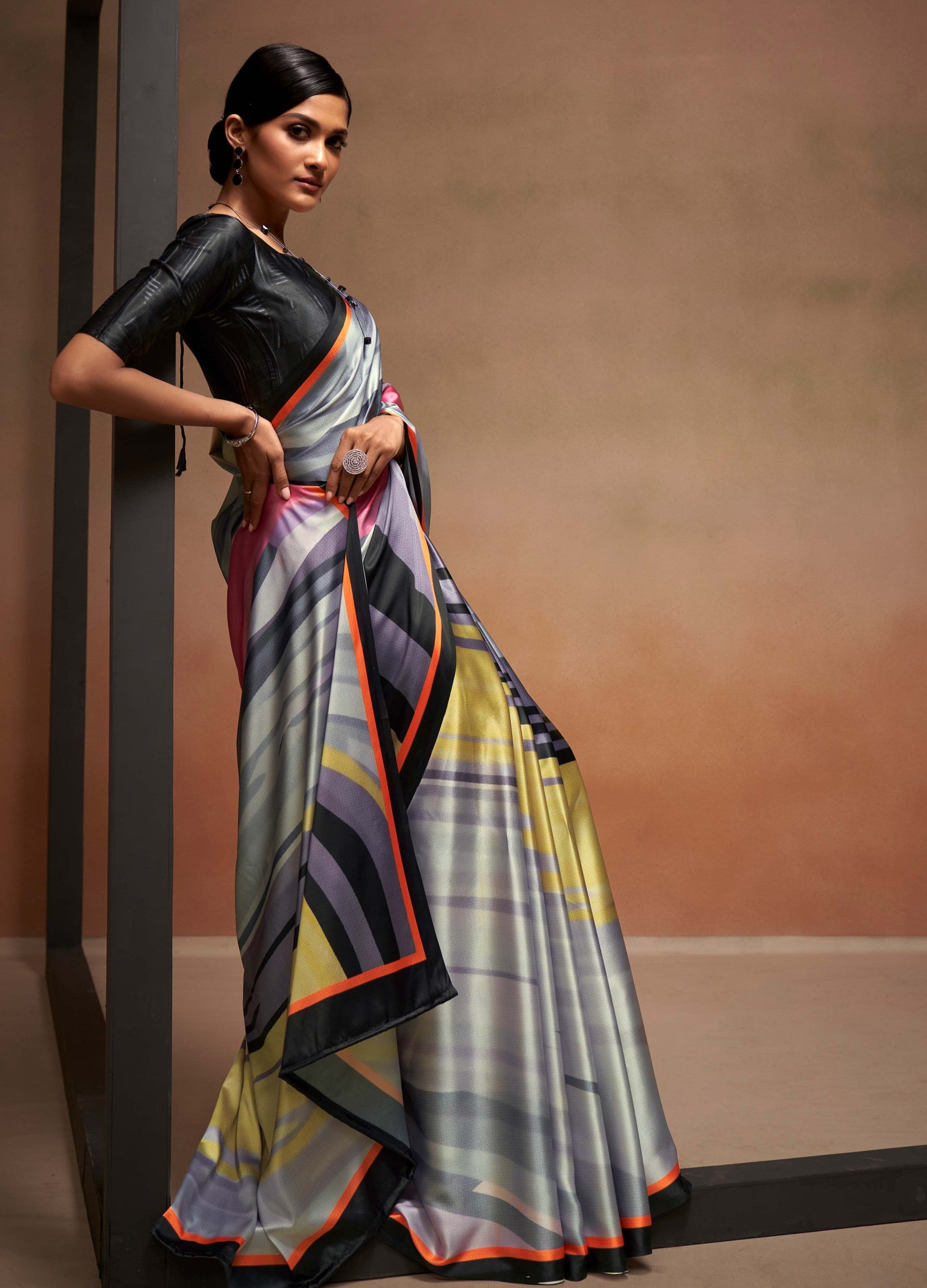 Stormy Grey Printed Satin Silk Saree