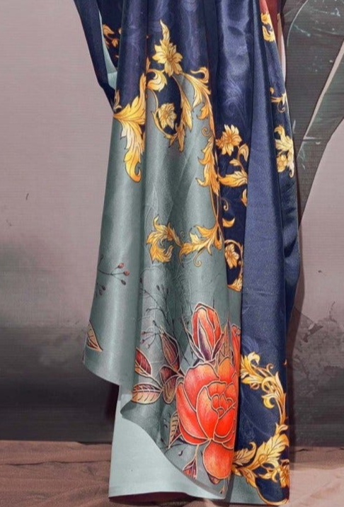 Aqua Patina Printed Satin Silk Saree