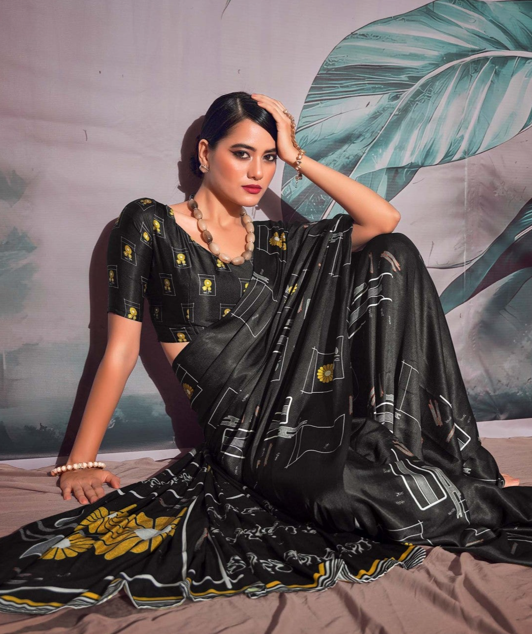 Cape Cod Black Printed Satin Silk Saree