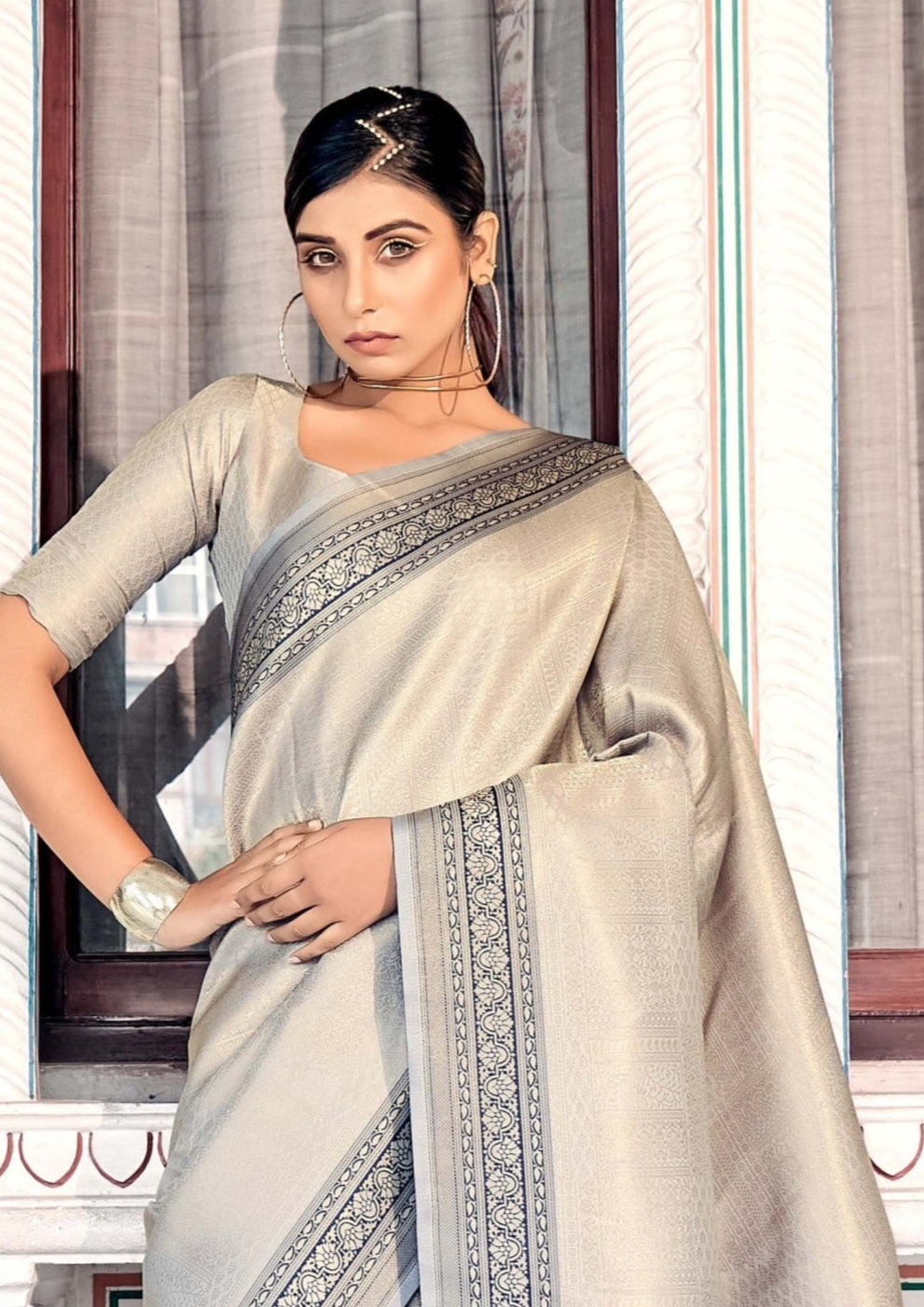 Schooner Grey Woven Kanjivaram Silk Saree