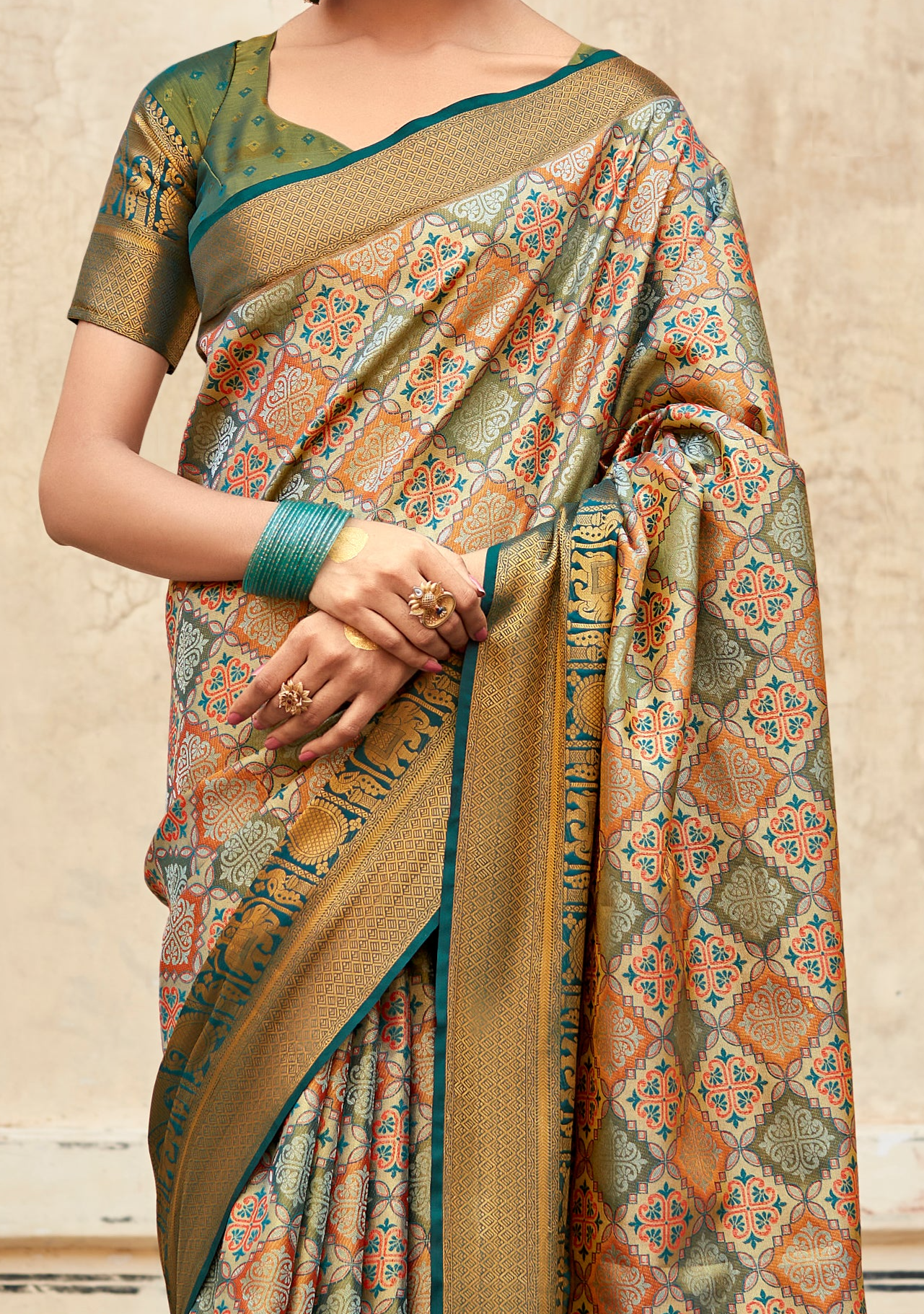 Greenery Enchantment - Green and Brown Woven Banarasi Silk Saree