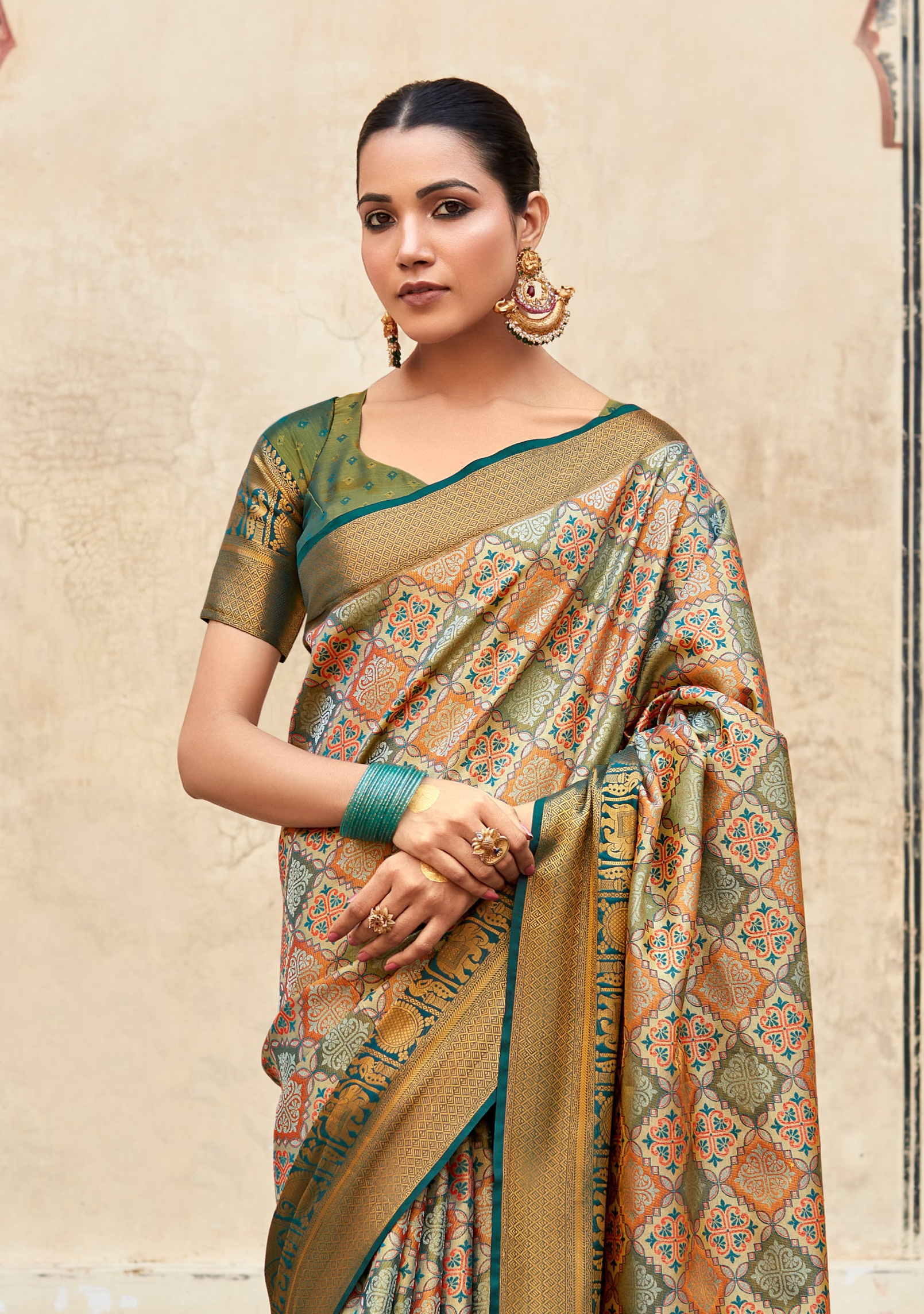 Greenery Enchantment - Green and Brown Woven Banarasi Silk Saree