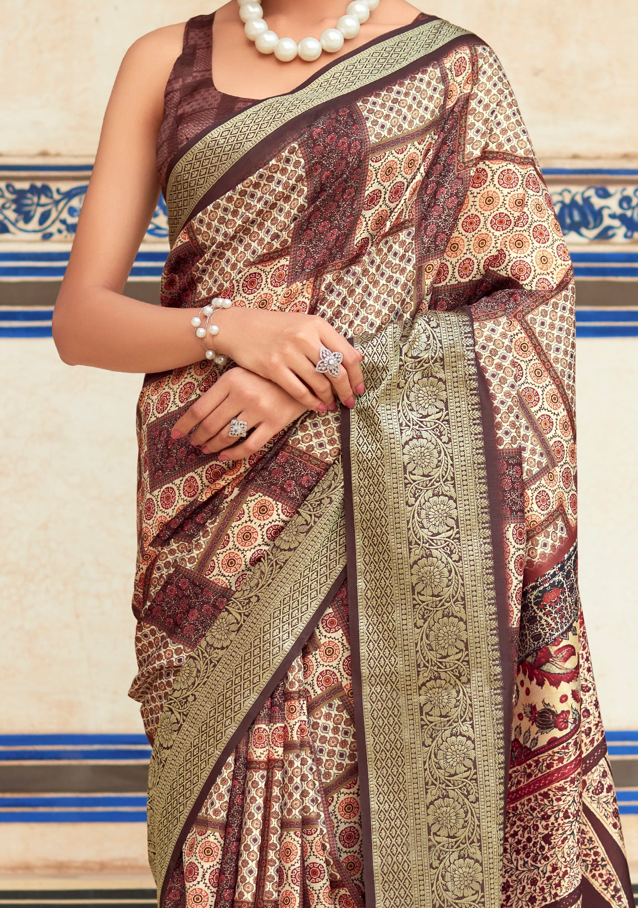 Toffee Brown Banarasi Printed Silk Saree