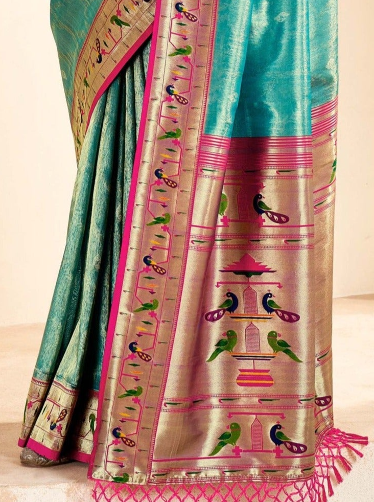 Enchanting Sky Green Paithani Tissue Silk Saree