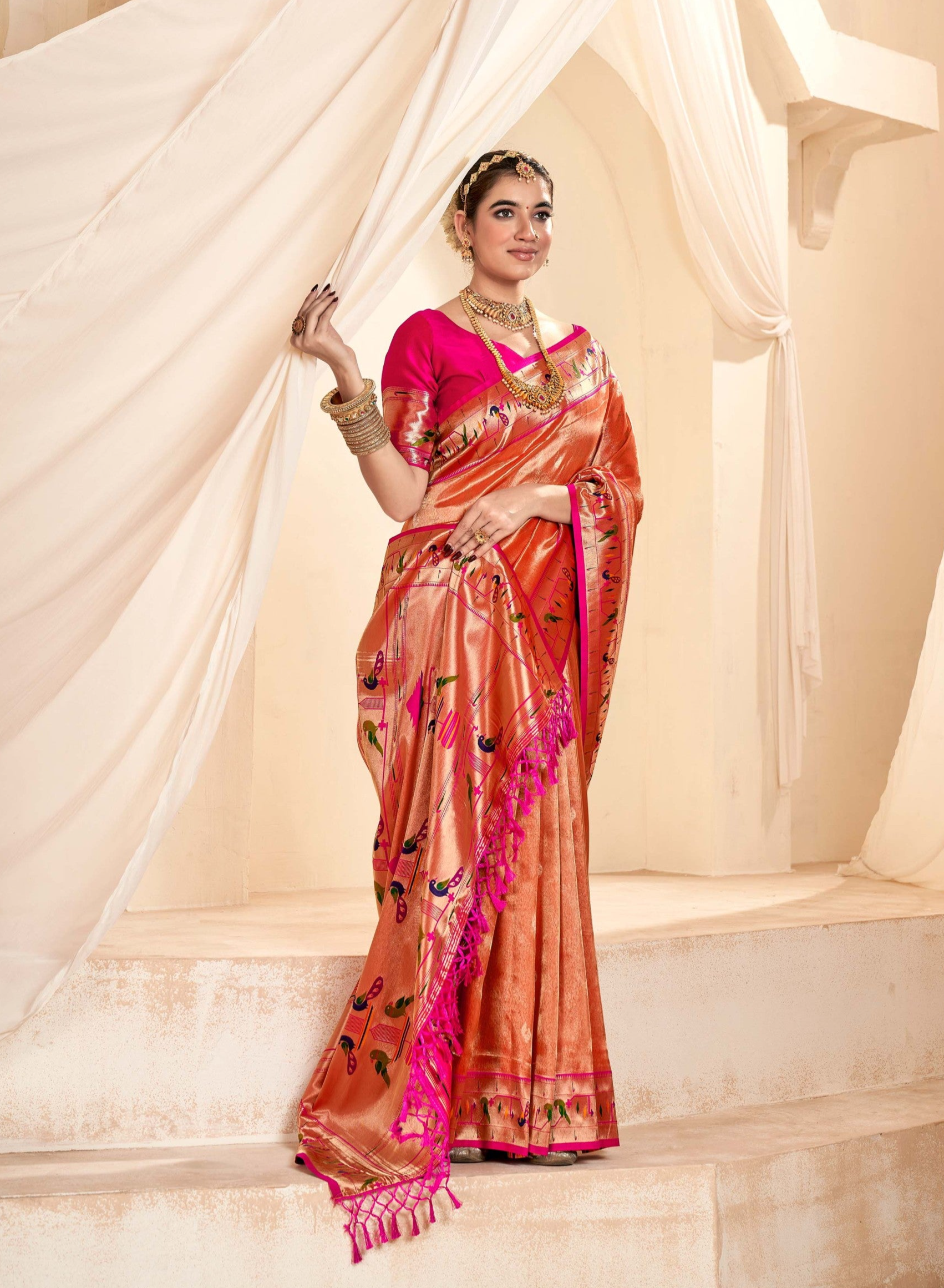 Vibrant Orange Paithani Tissue Silk Saree