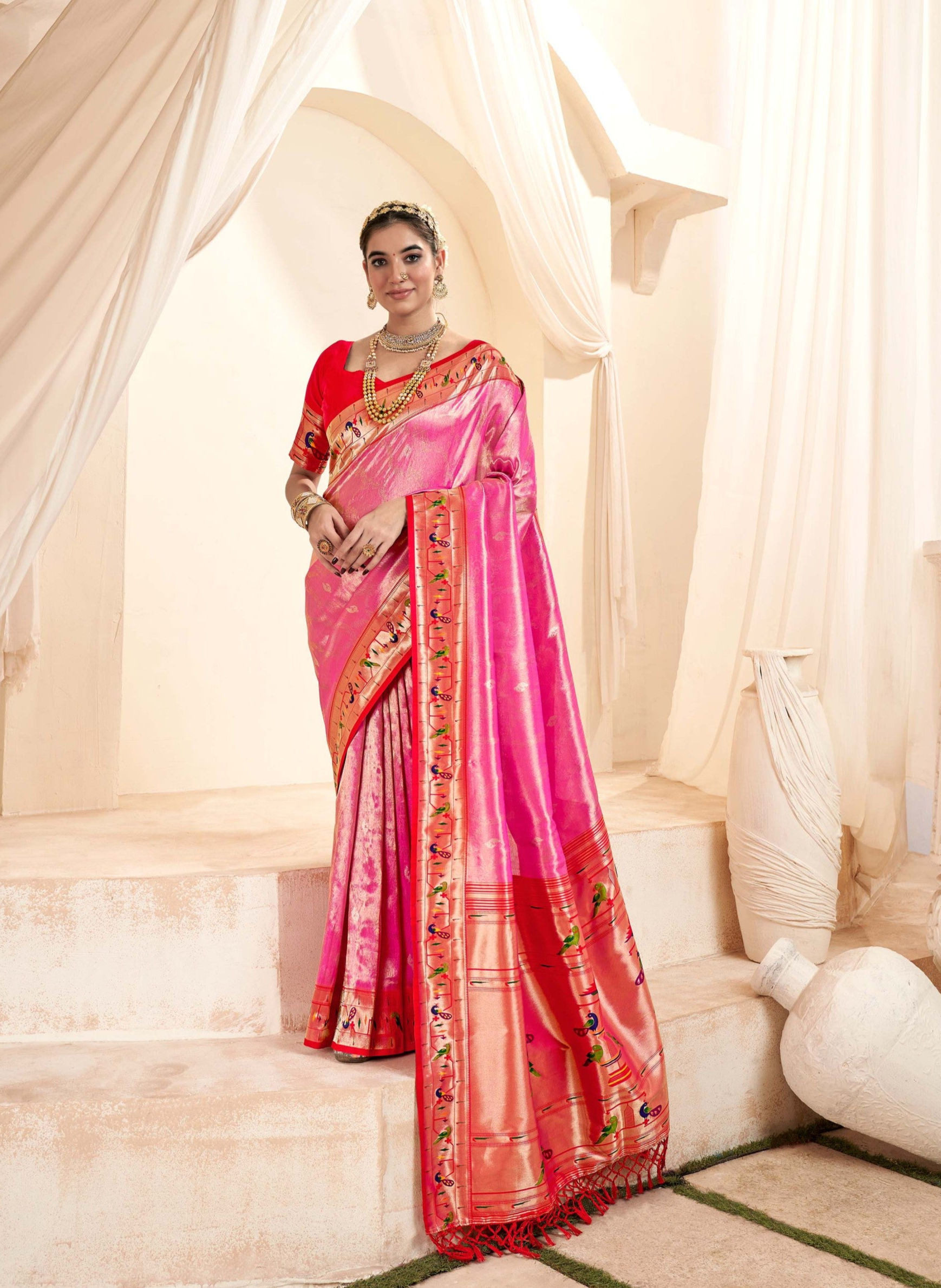 Elegant Pink Paithani Tissue Silk Saree