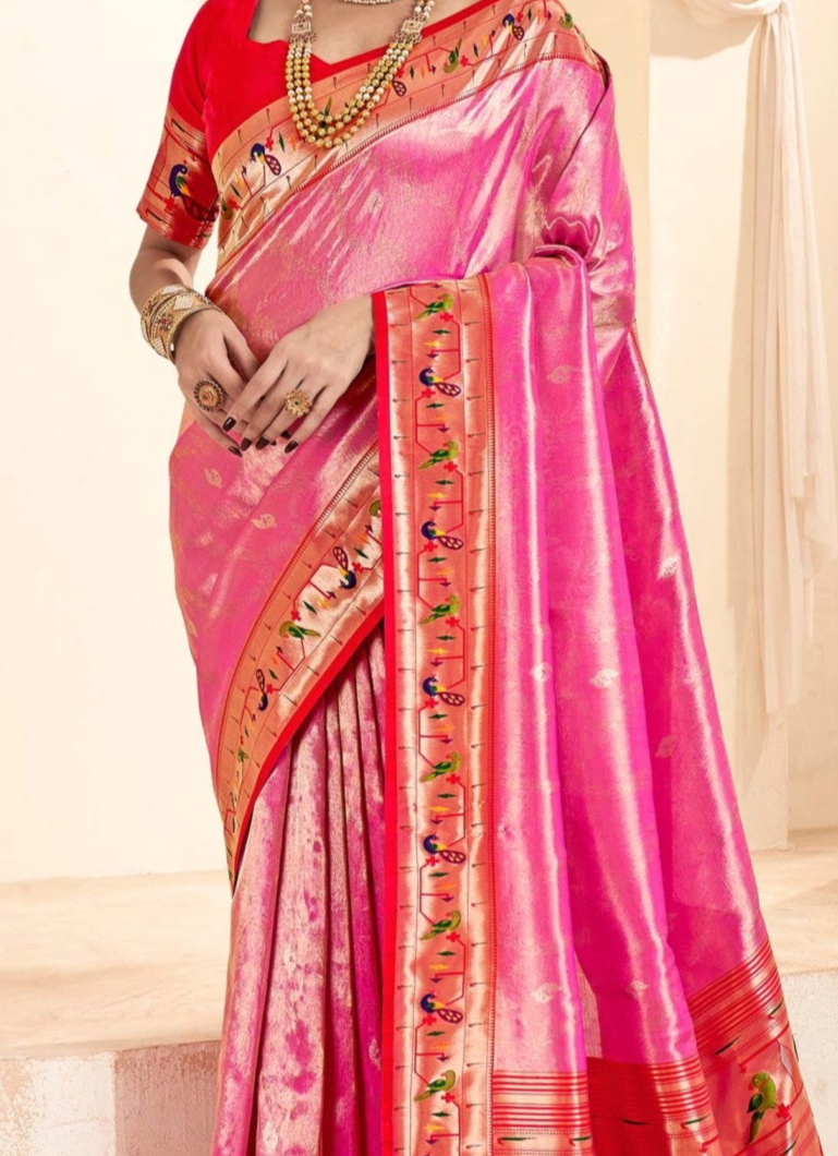 Elegant Pink Paithani Tissue Silk Saree