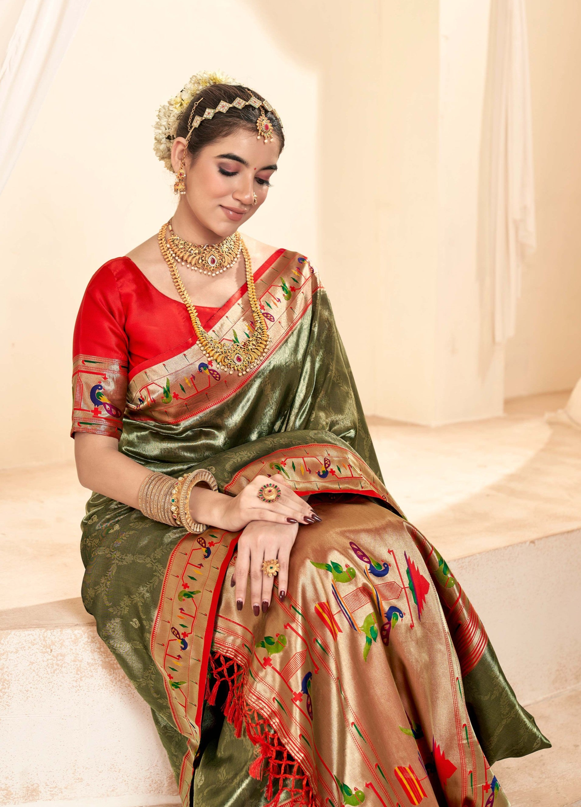 Elegant Olive Green Paithani Tissue Silk Saree