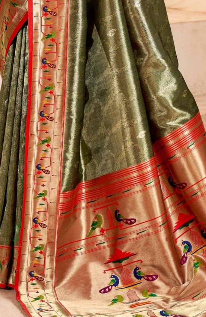 Elegant Olive Green Paithani Tissue Silk Saree