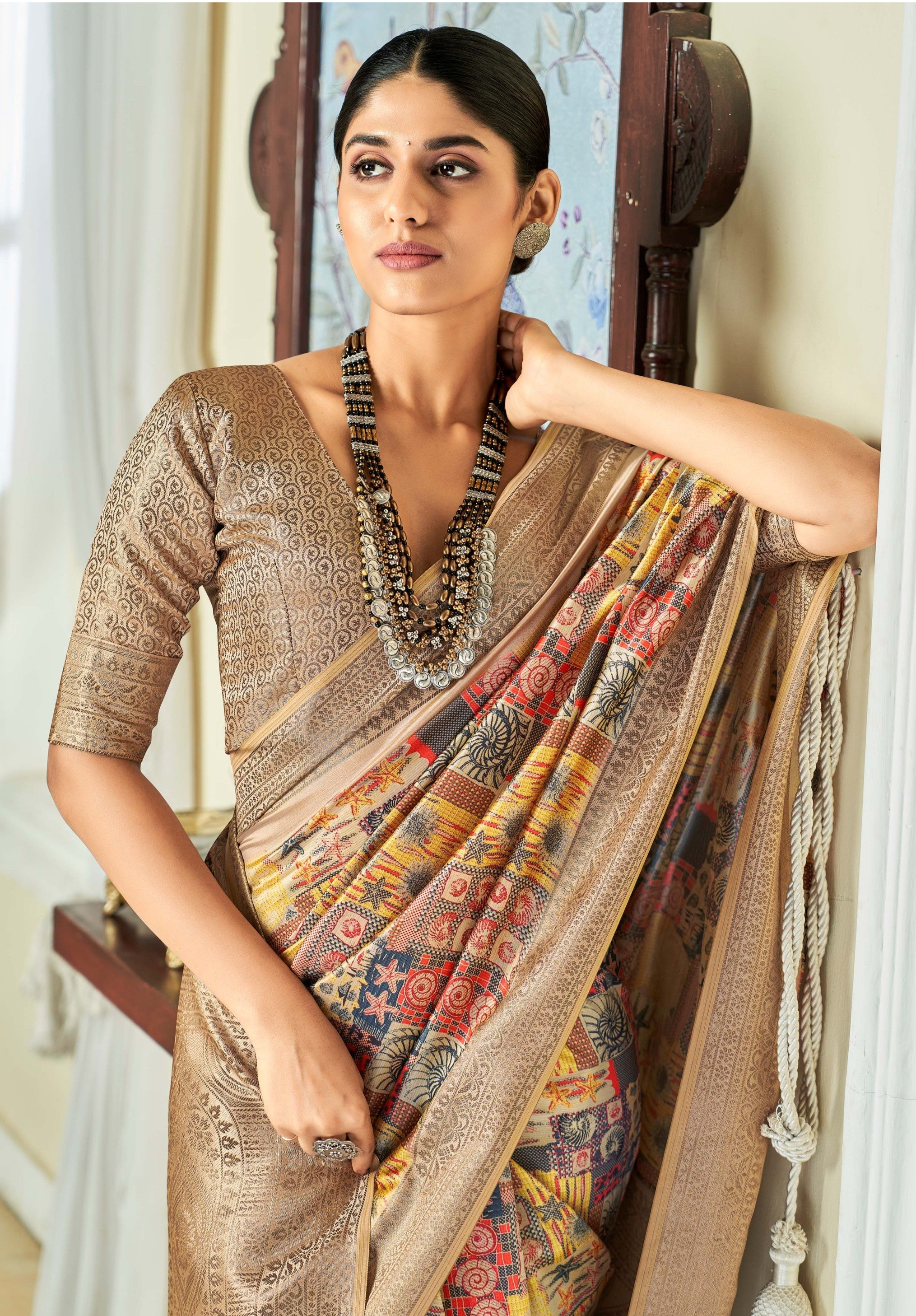 Classic Beige Banarasi Satin Silk Saree