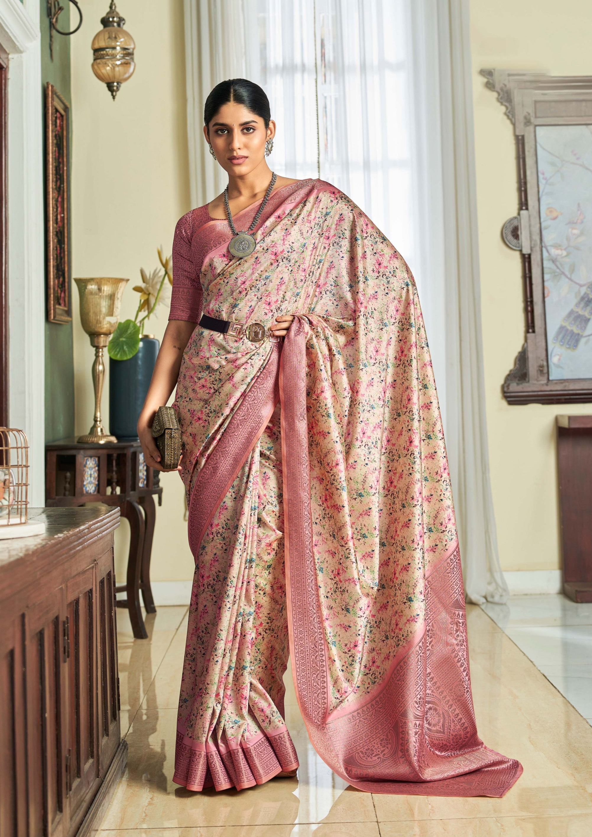 Elegant Pink Banarasi Satin Silk Saree