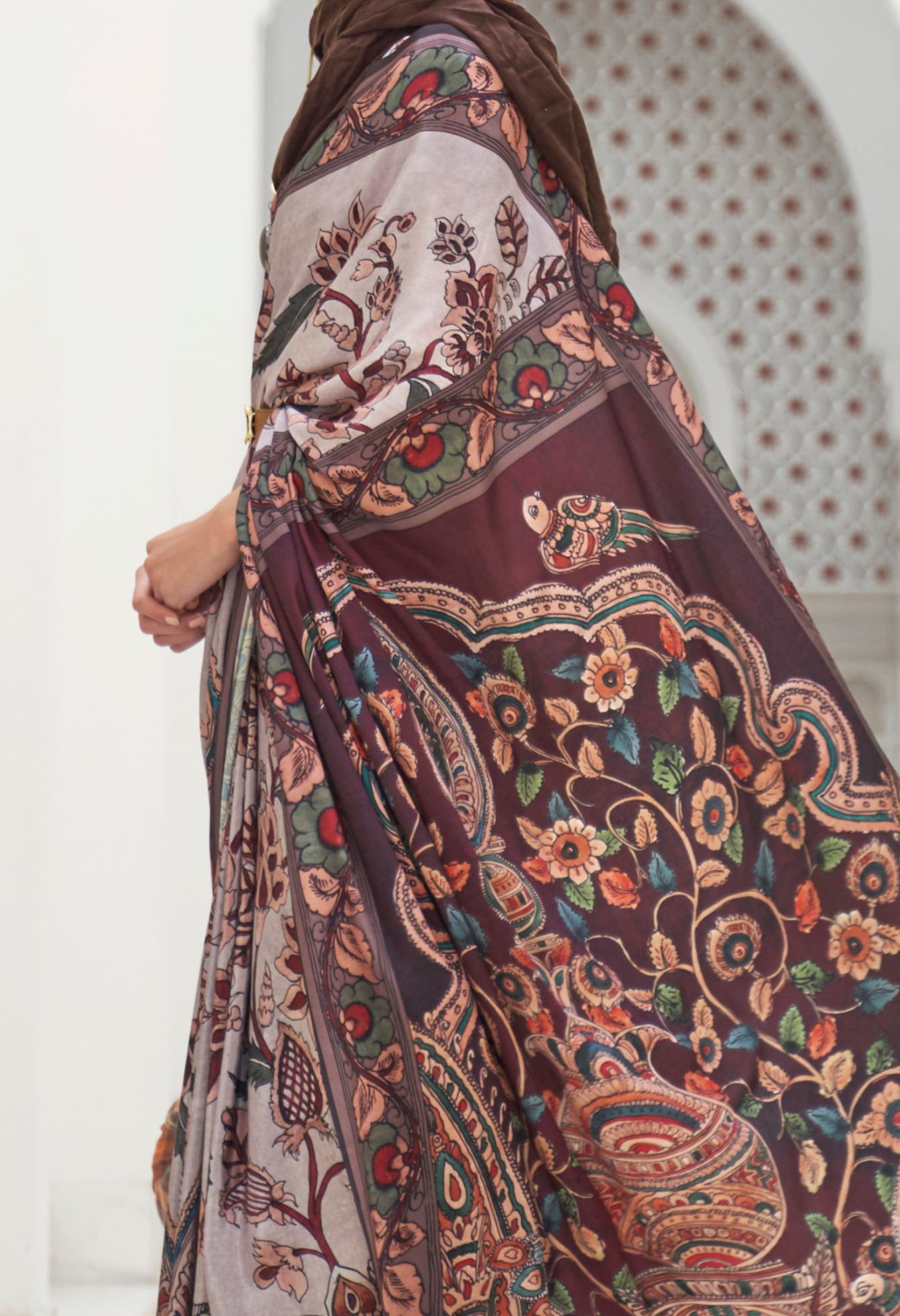 Elegant Brown Kalamkari Printed Crepe Saree - Timeless Charm