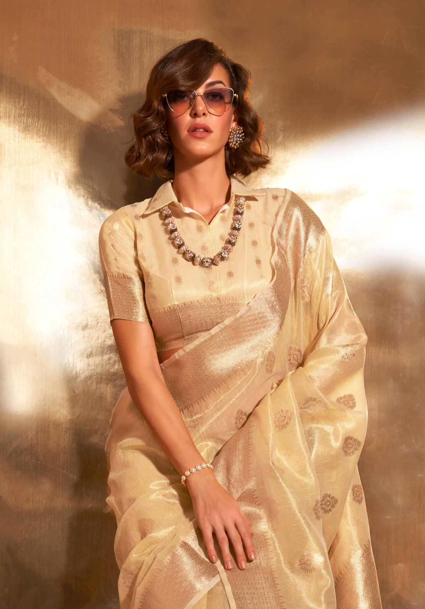 Cream Zari Woven Paithani Tissue Saree