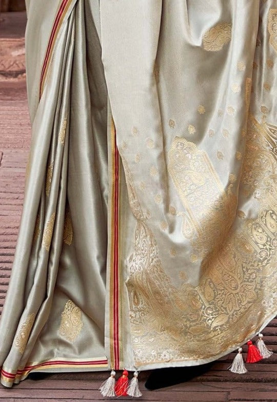 Ethereal Grey Satin Silk Saree