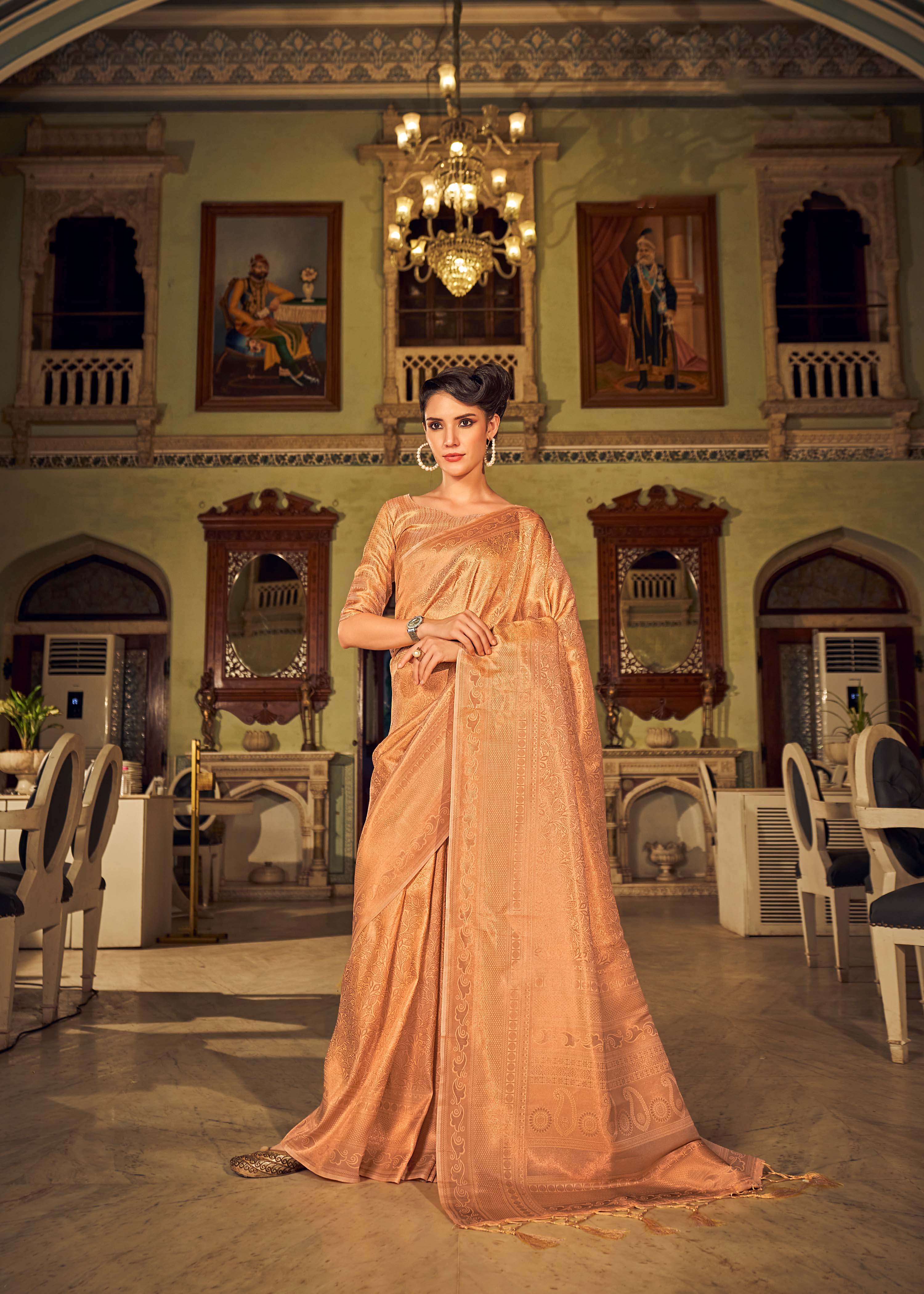 Peach Orange Dual Tone Kanjivaram Silk Saree