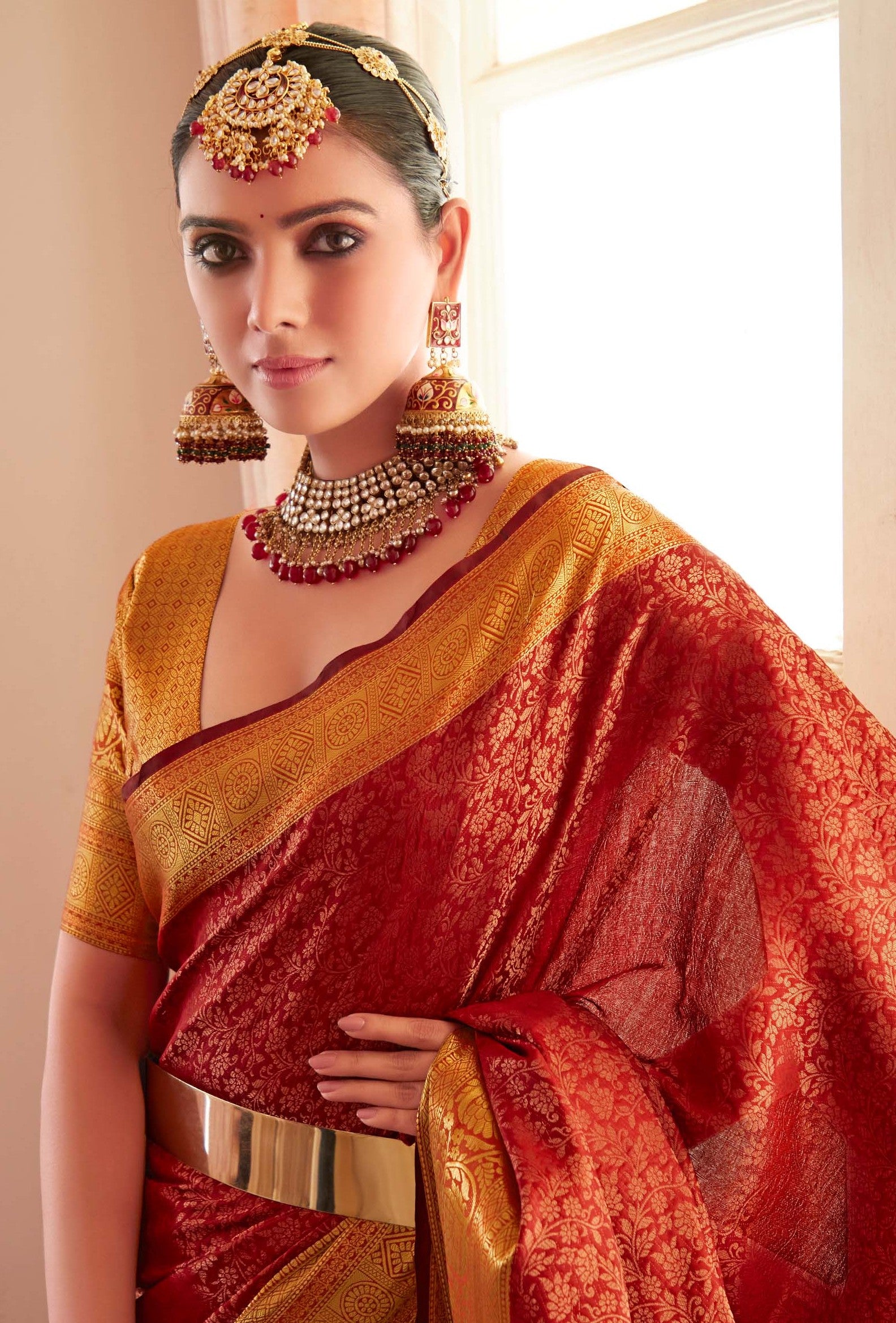 Paprika Golden Red Zari Woven Banarasi Silk Saree