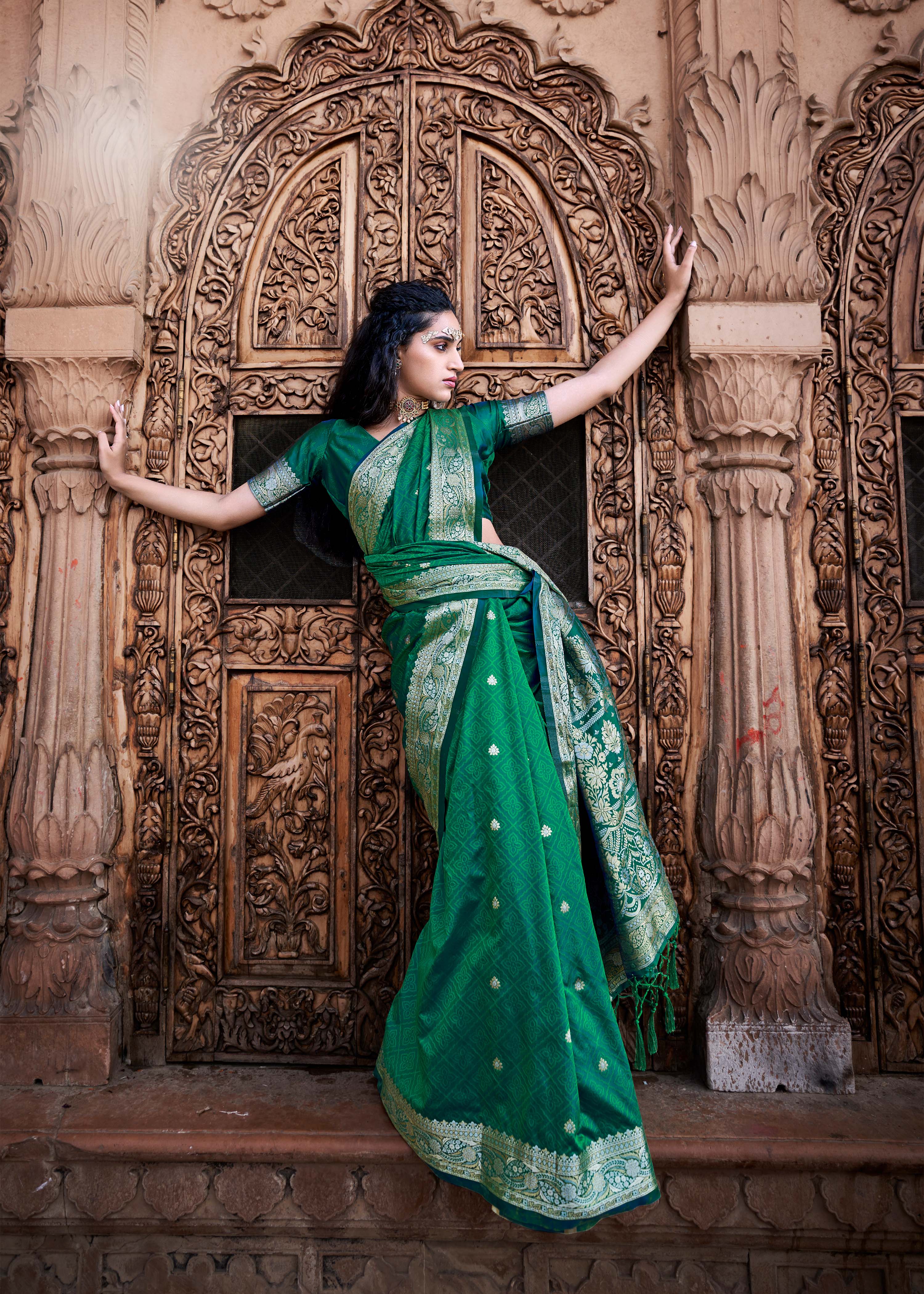 Enchanting Forest Dark Green Woven Banarasi Satin Silk Saree