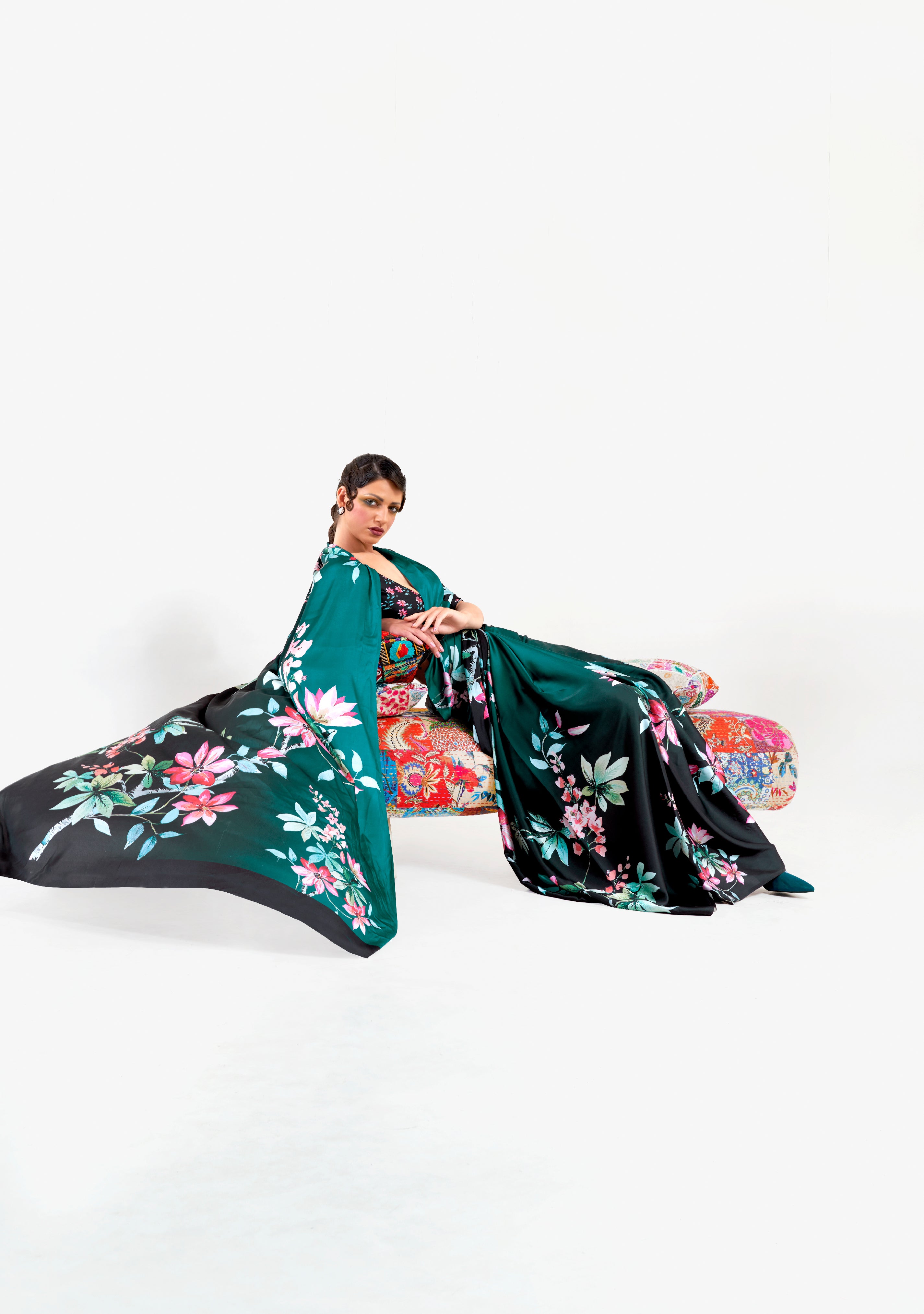 Enchanting Meadow Green Printed Satin Silk Saree