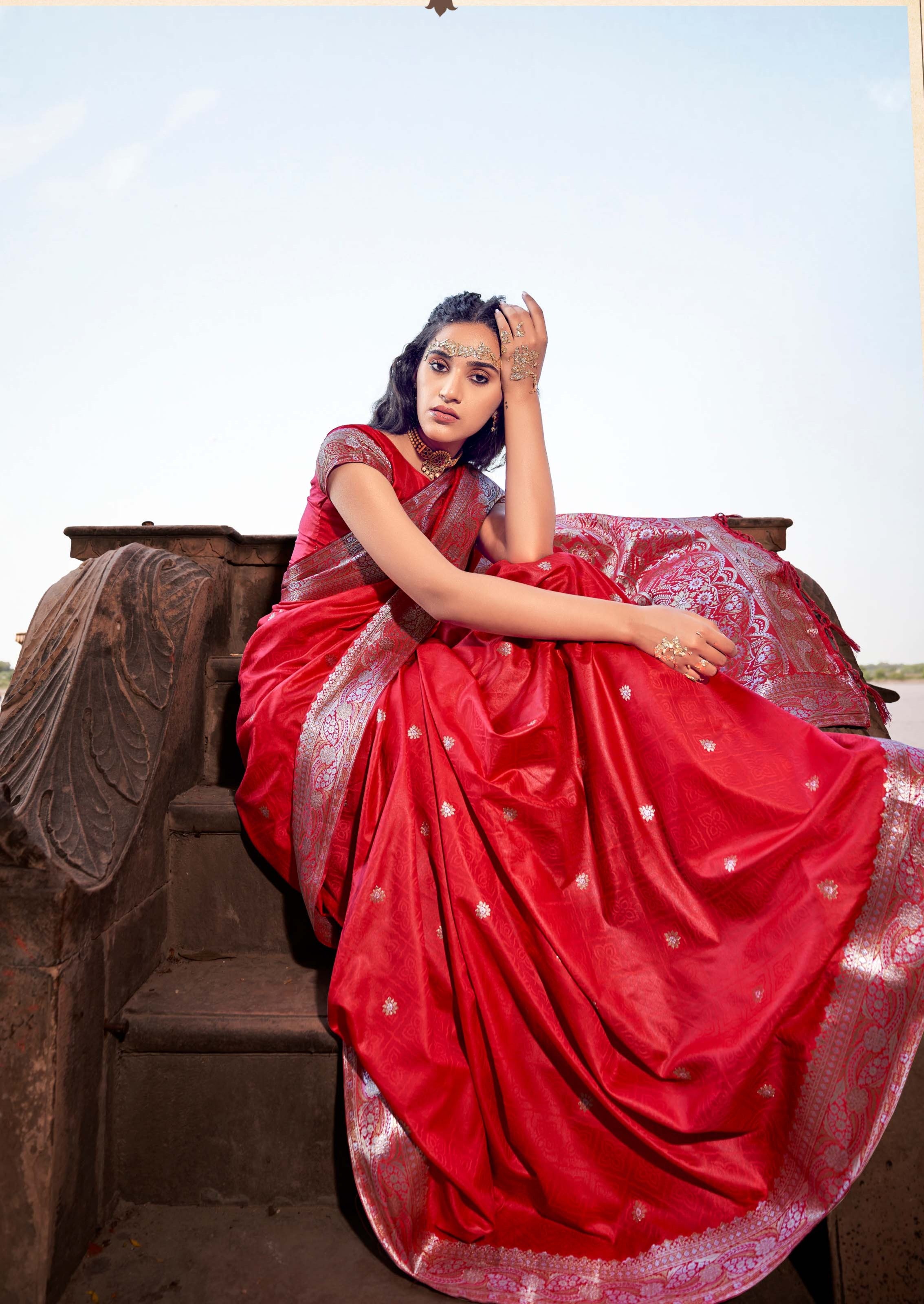 Ruby Red Elegance Banarasi Satin Silk Saree