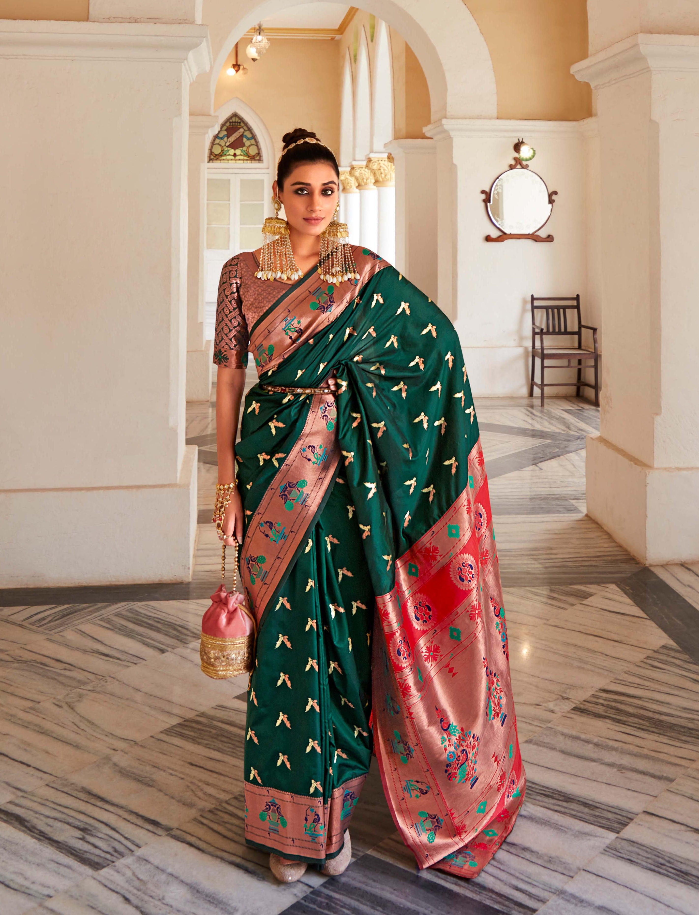 Forest Green and Pink Zari Woven Paithani Silk Saree