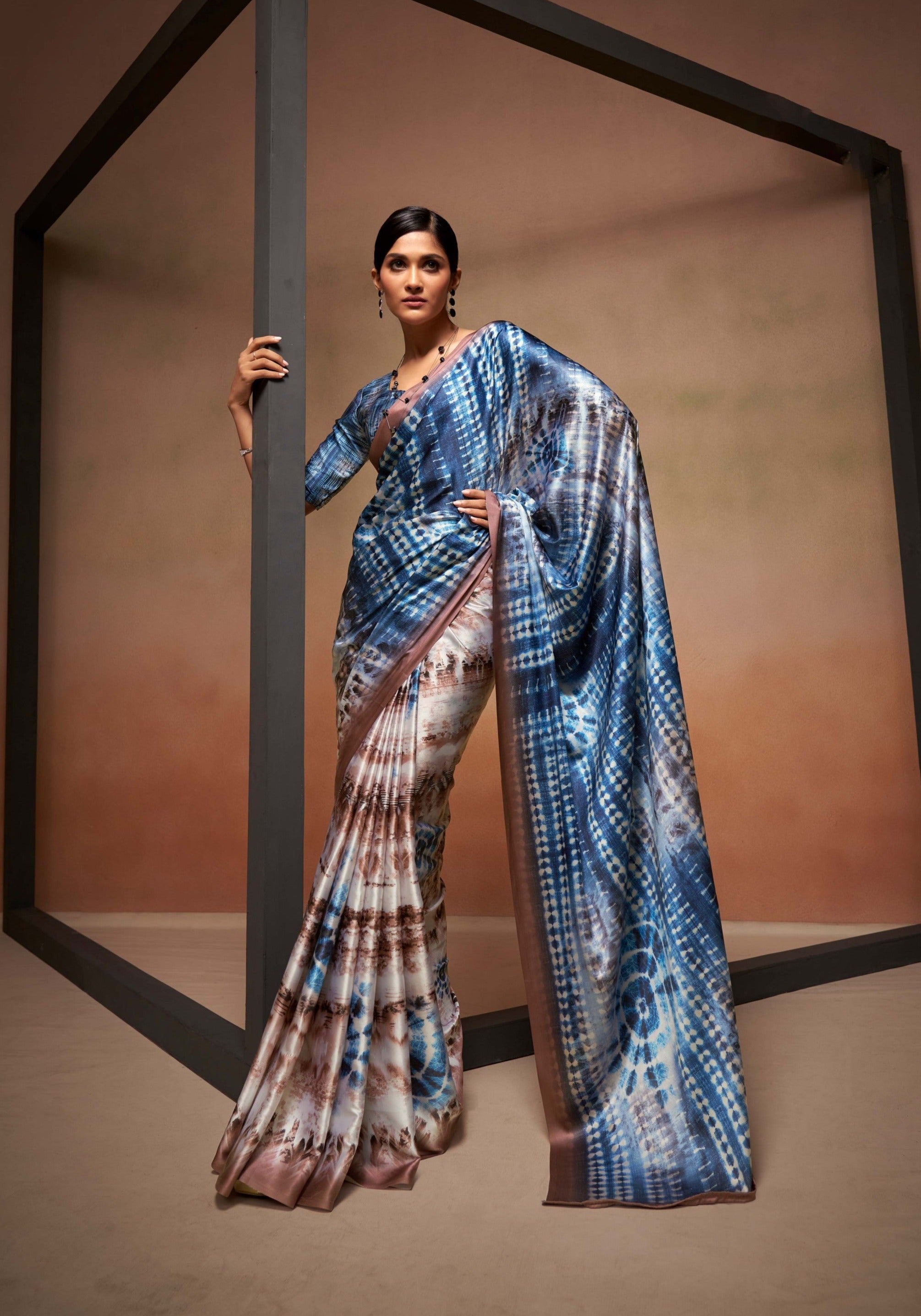 Azure Blossom Cyan Blue Printed Satin Silk Saree