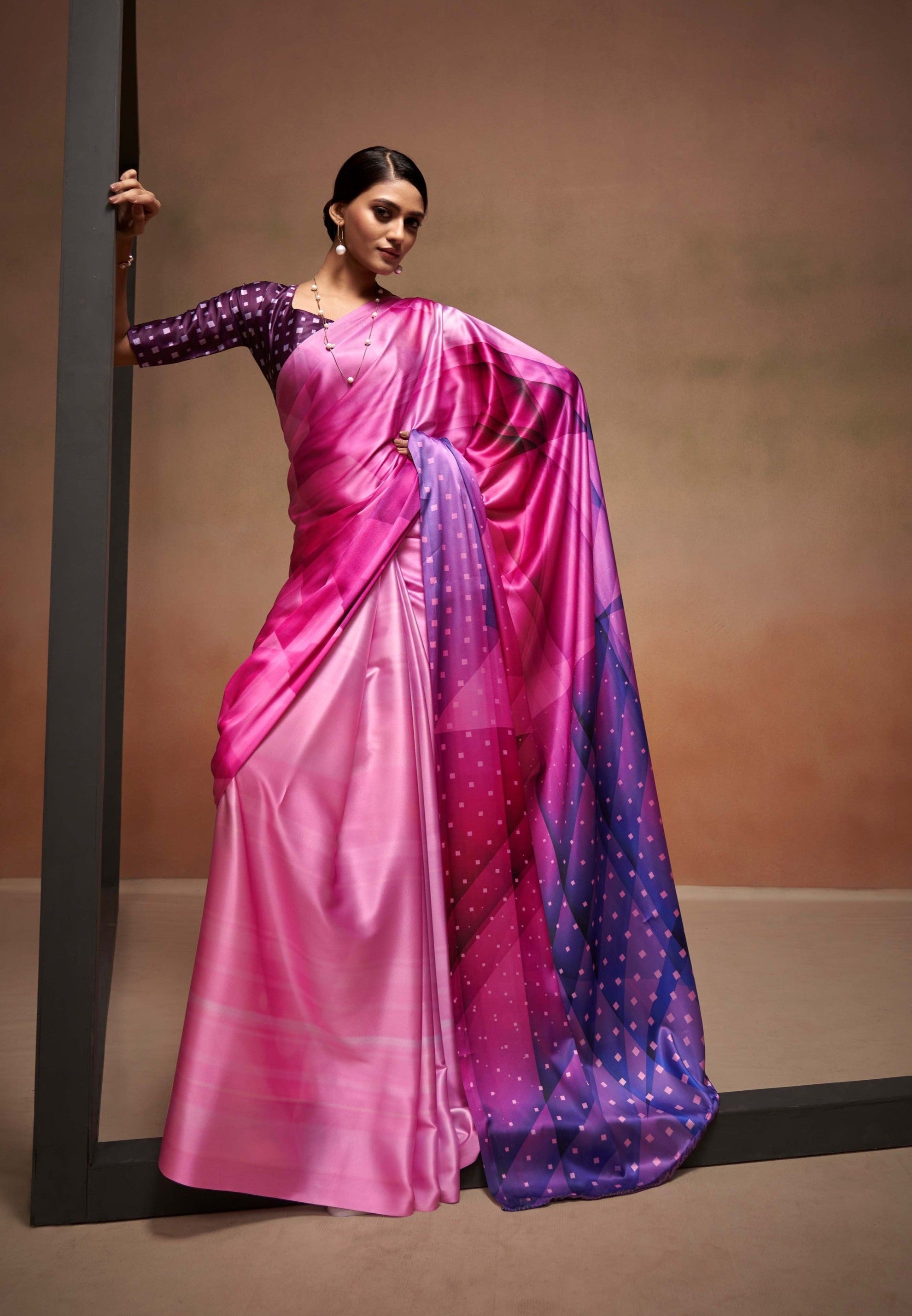 Enchanting Bloom Printed Satin Silk Saree in Charismatic Pink