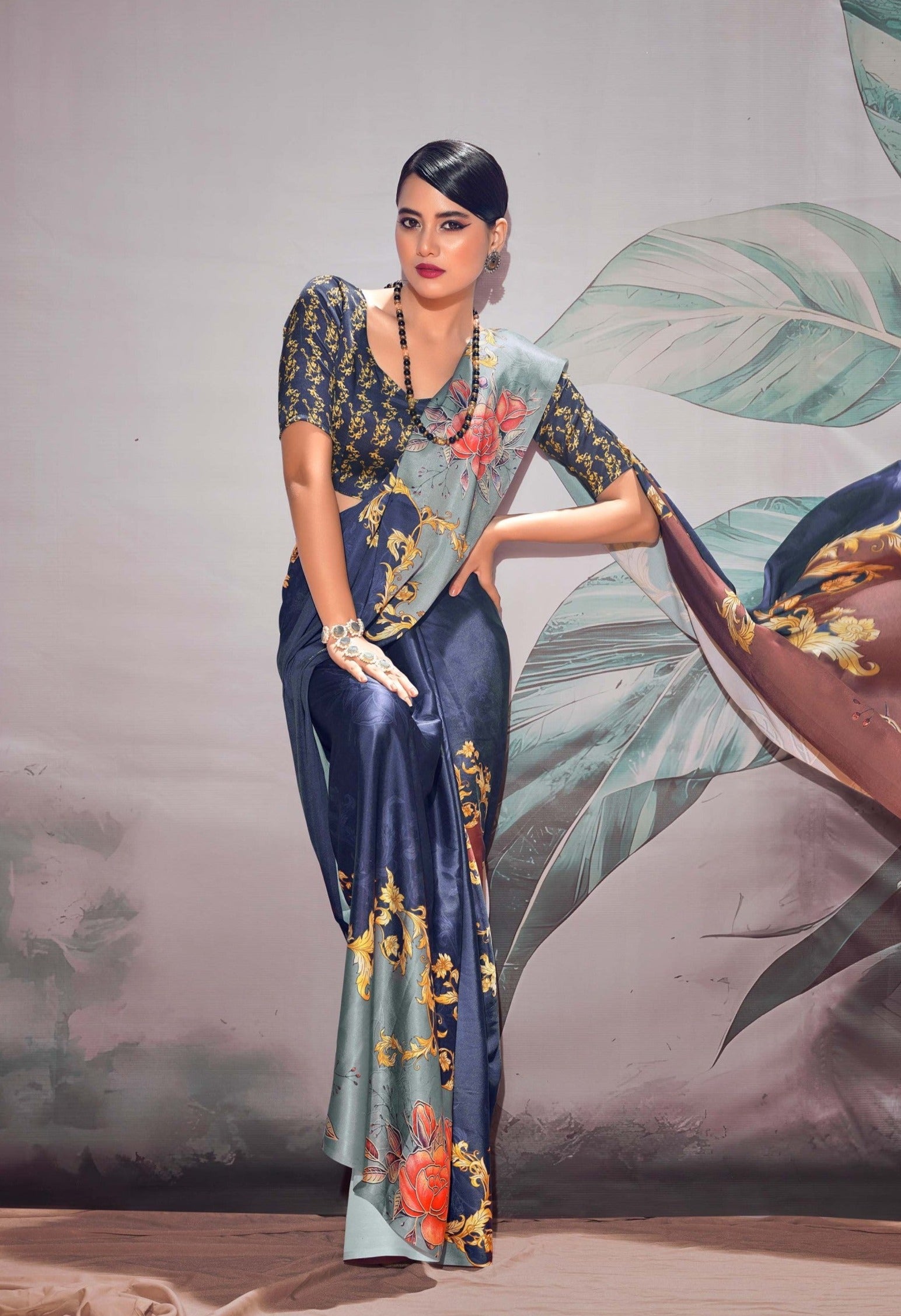 Aqua Patina Printed Satin Silk Saree