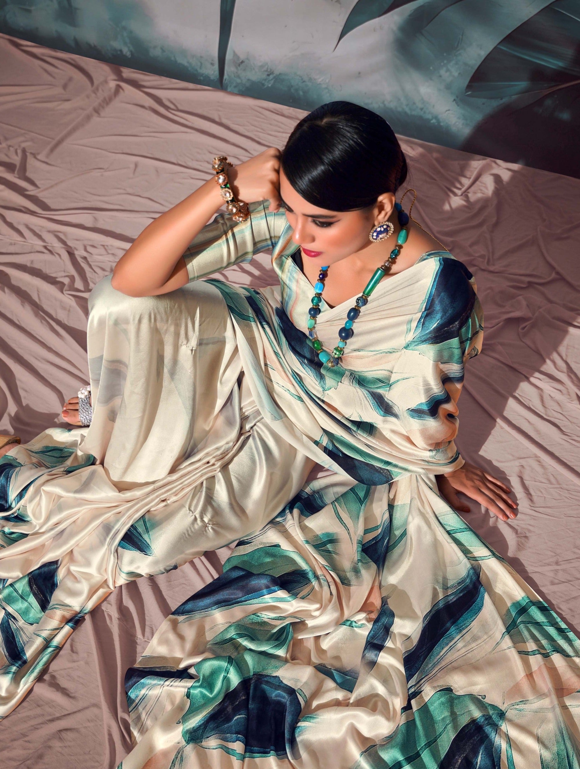 Negroni Cream Colour Printed Satin Silk Saree