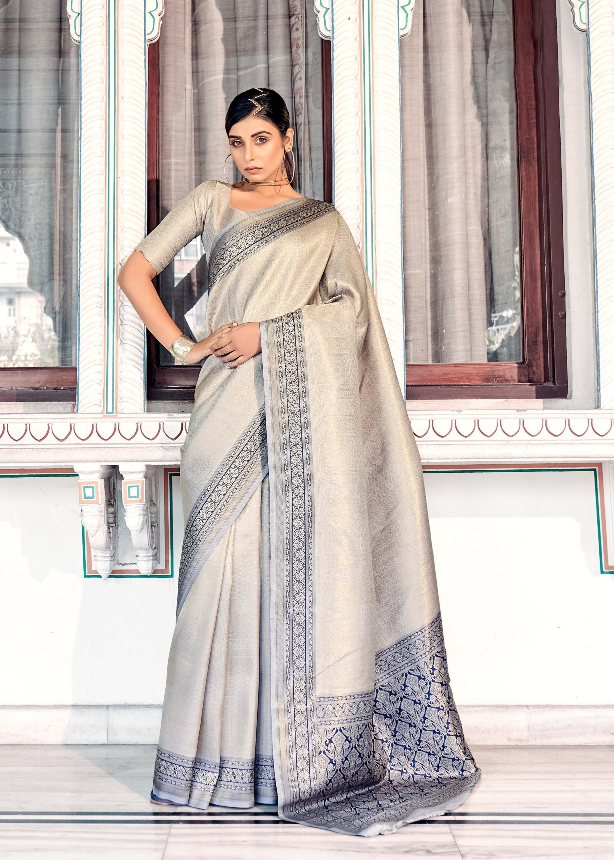 Schooner Grey Woven Kanjivaram Silk Saree