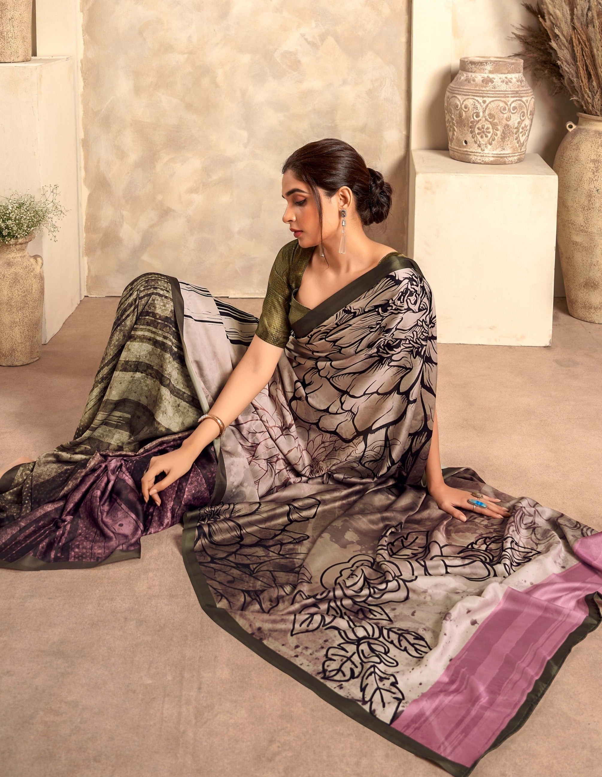 Sardine Grey and Green Digital Printed Soft Silk Saree