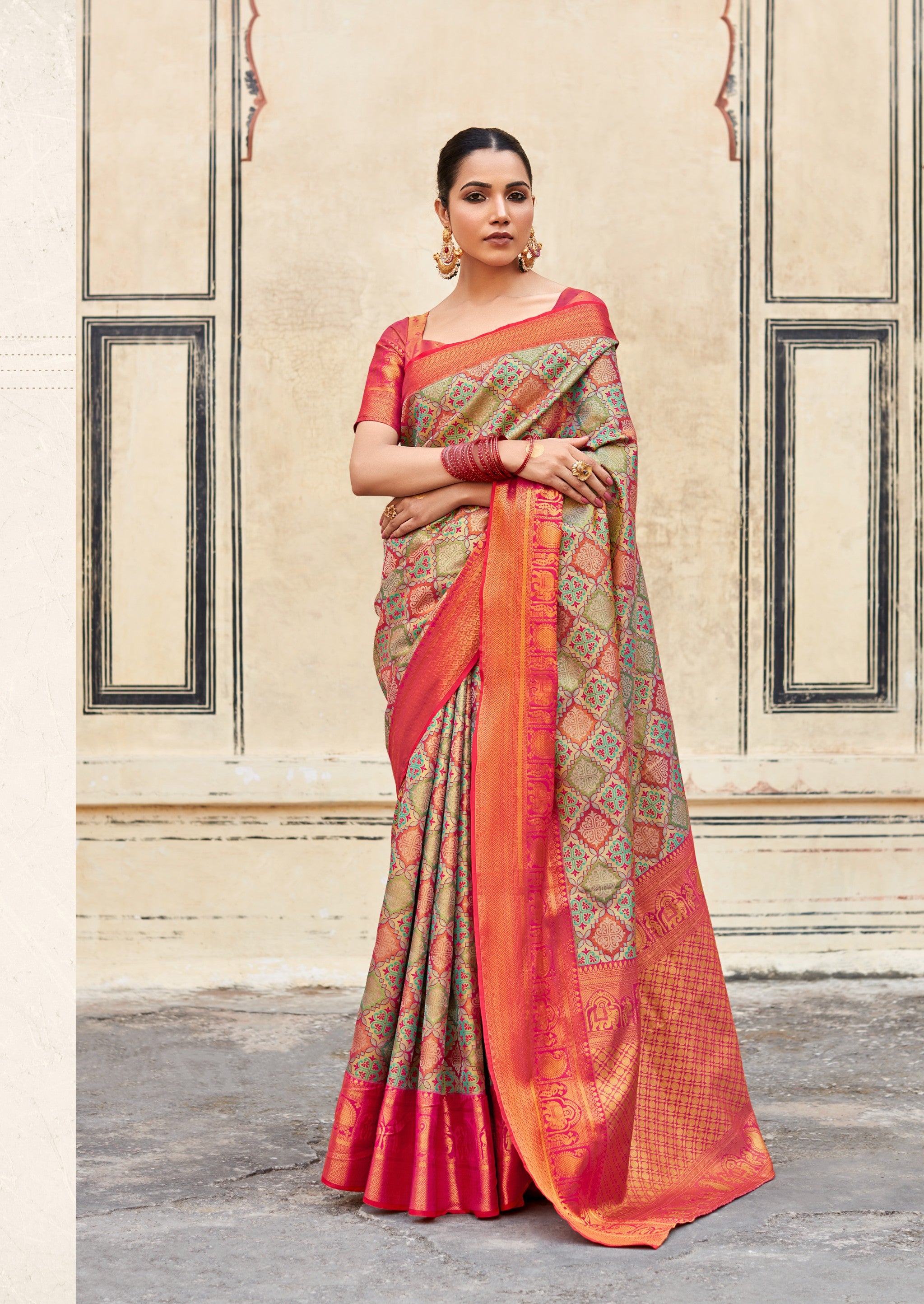 Avocado Green Red Woven Banarasi Silk Saree