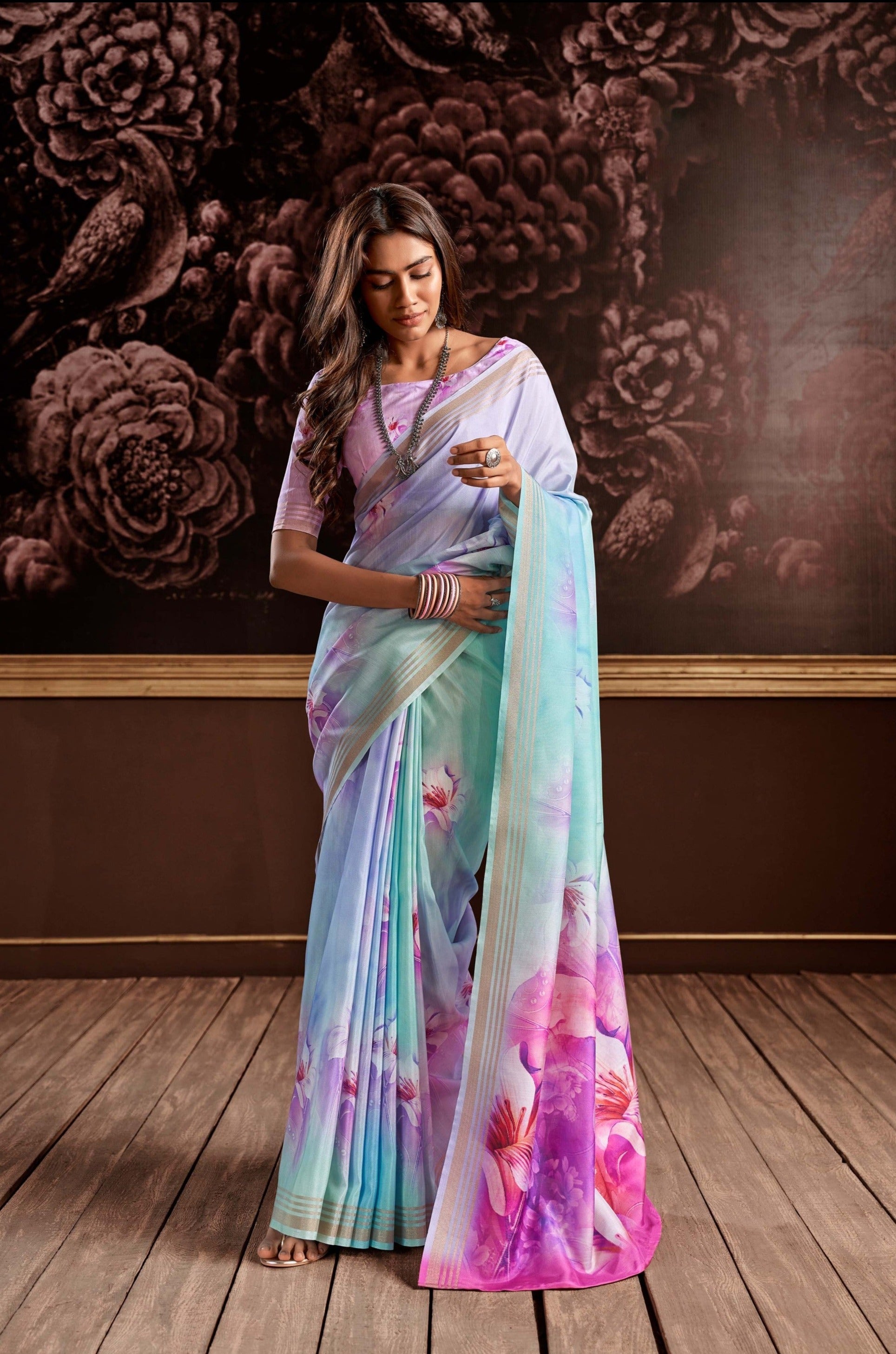 Azure Blossoms Blue Floral Digital Print Satin Silk Saree