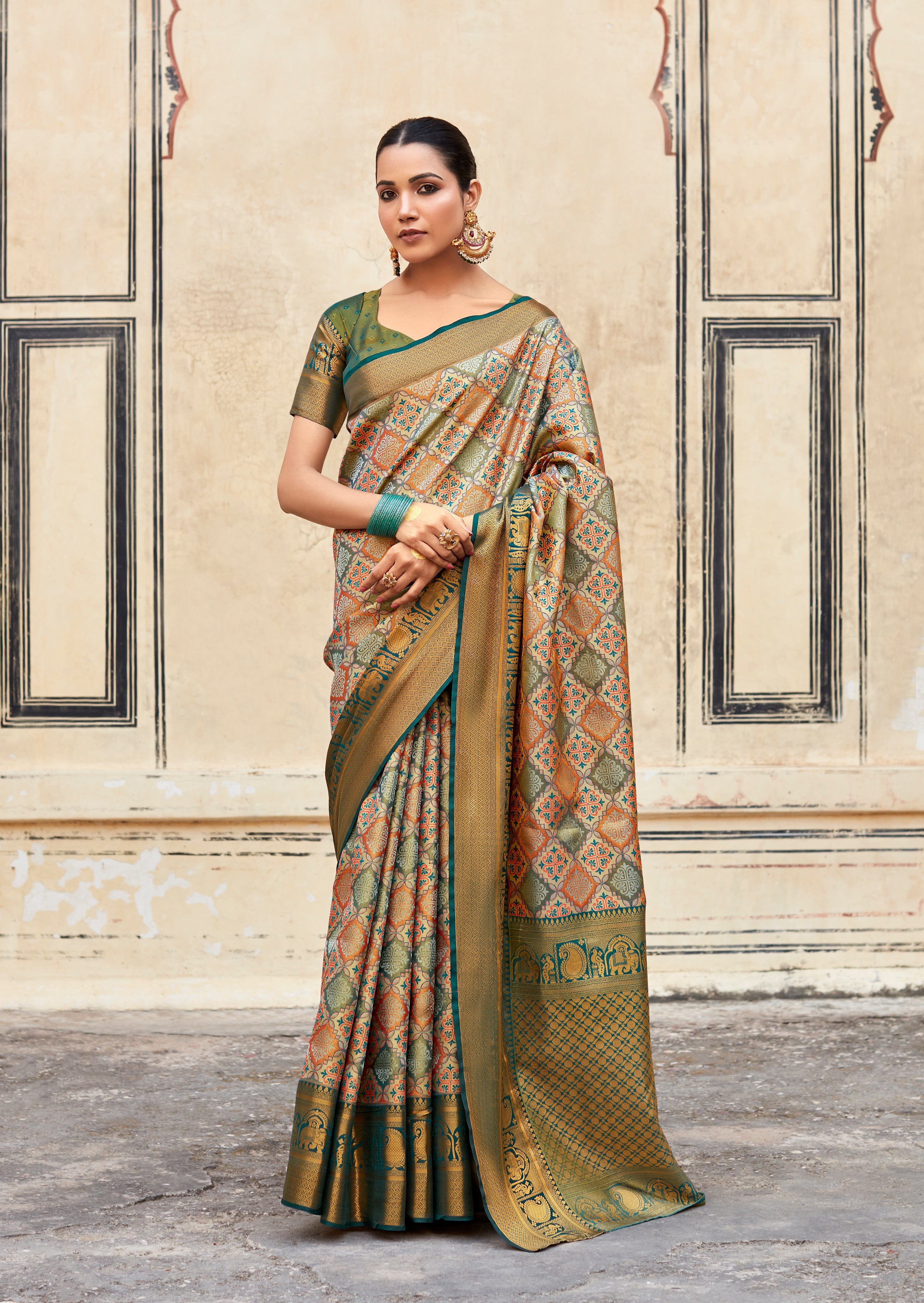 Greenery Enchantment - Green and Brown Woven Banarasi Silk Saree