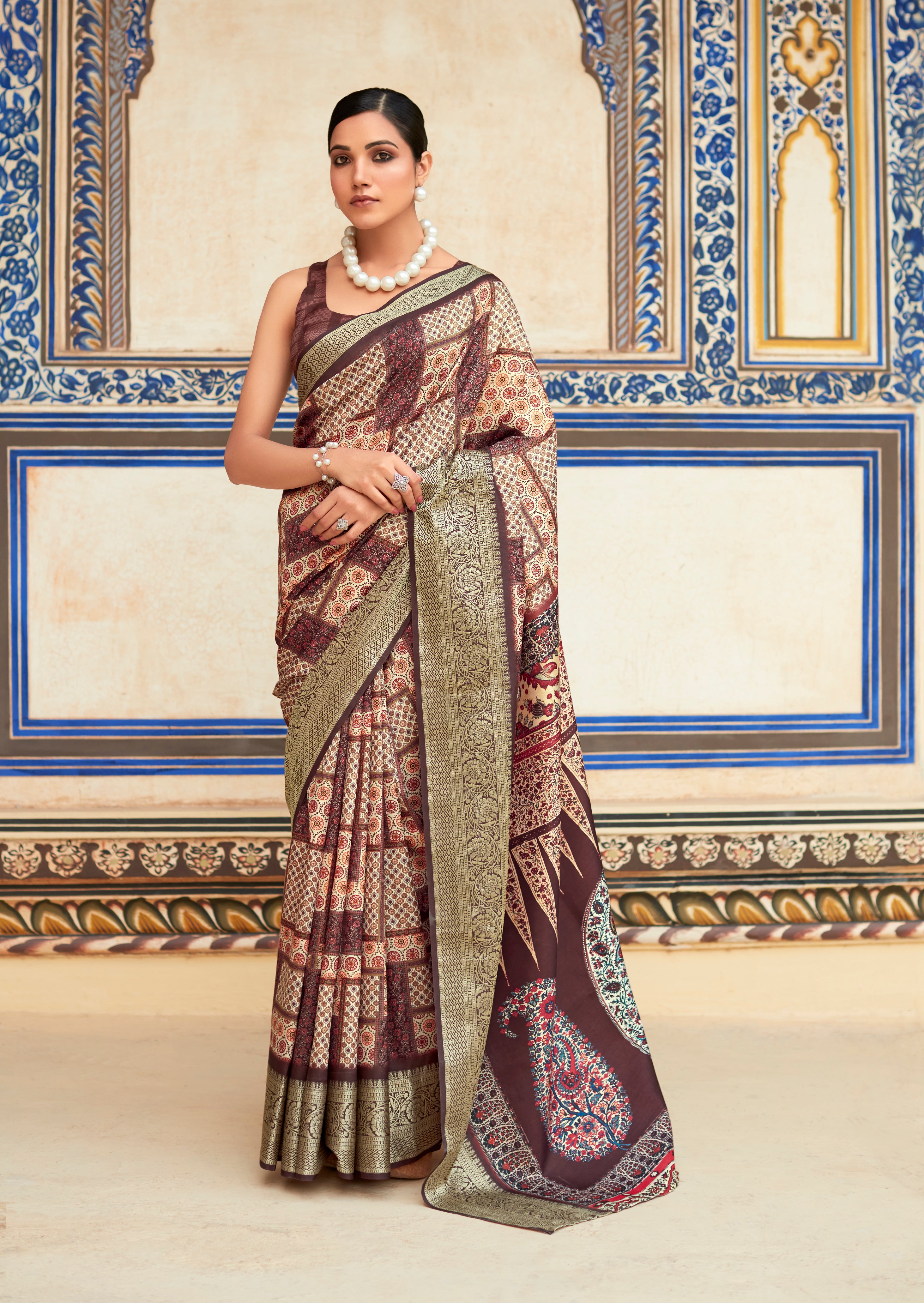 Toffee Brown Banarasi Printed Silk Saree