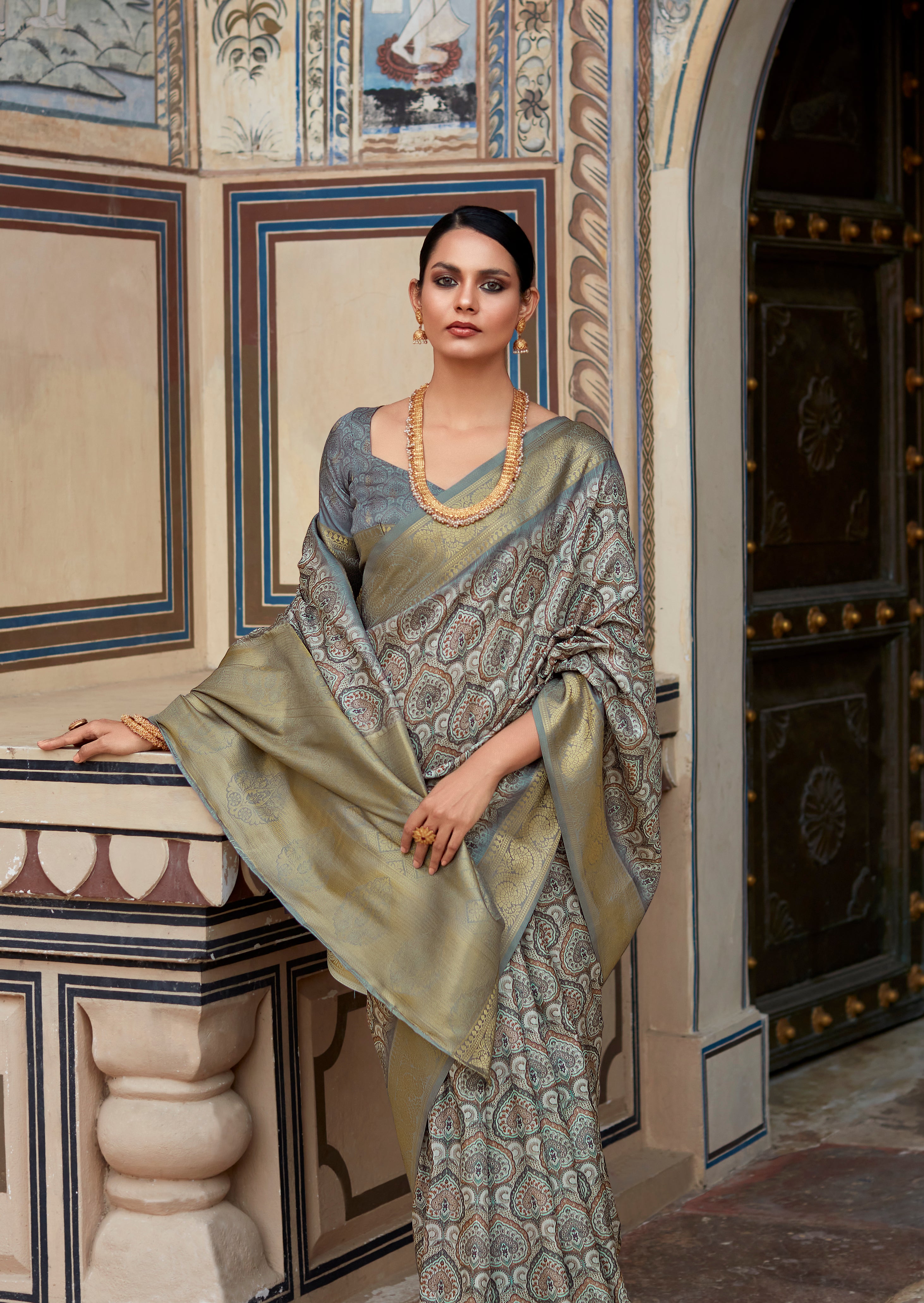 Granite Grey Banarasi Printed Silk Saree