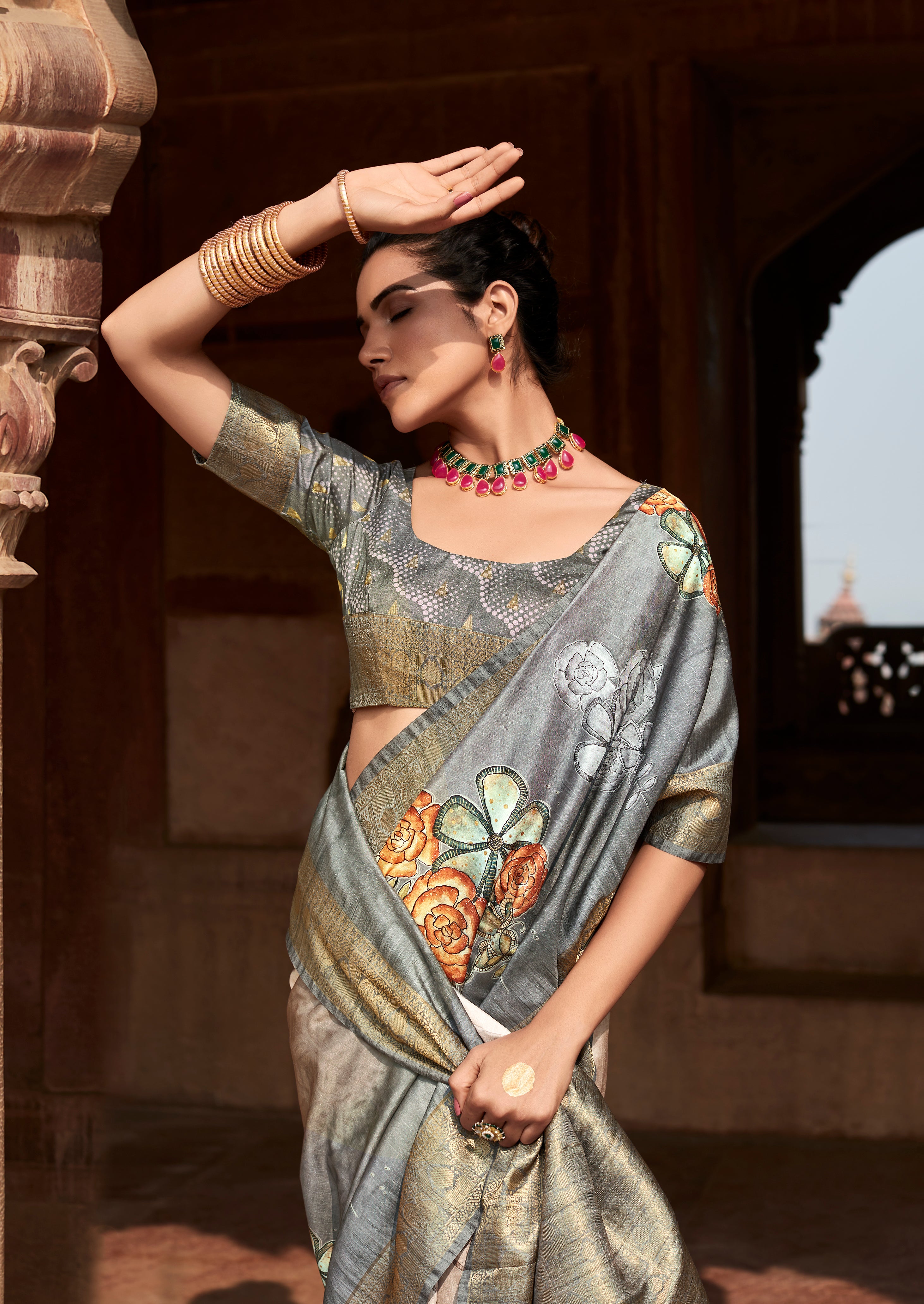 Misty Grey Digital Printed Soft Silk Saree